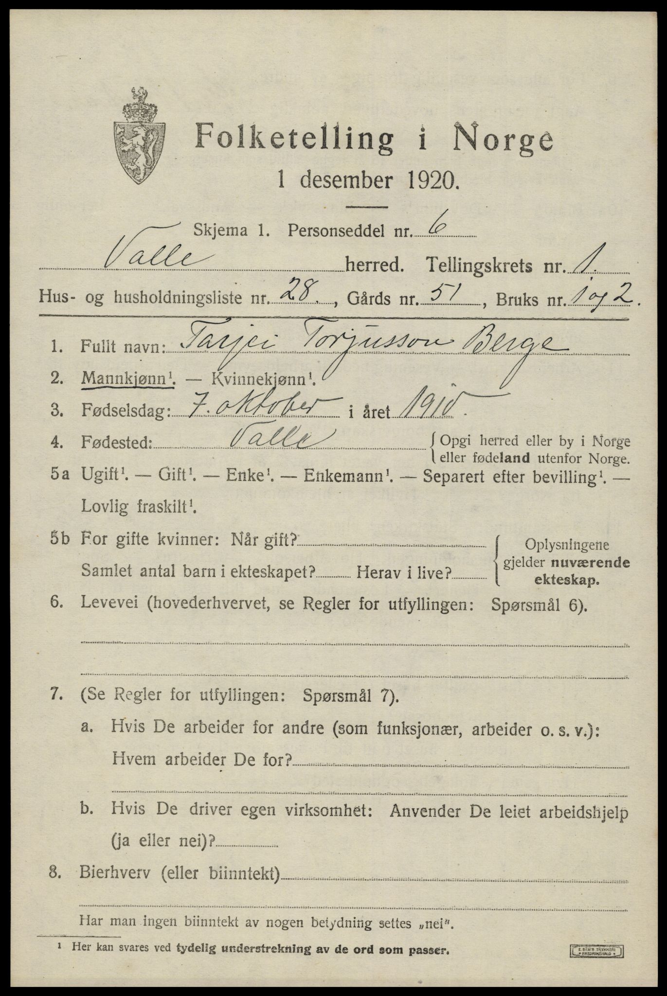 SAK, 1920 census for Valle, 1920, p. 777