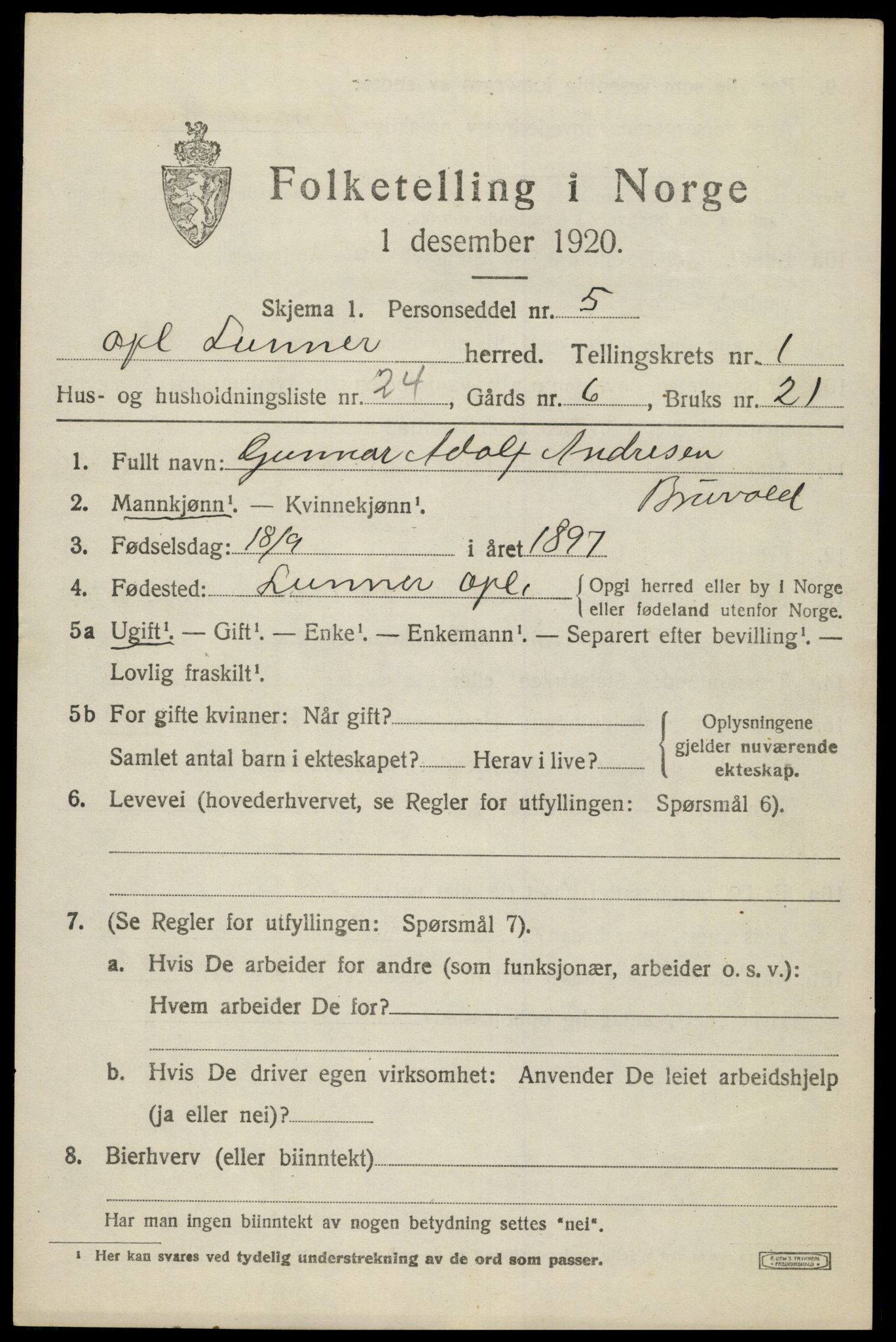 SAH, 1920 census for Lunner, 1920, p. 1919