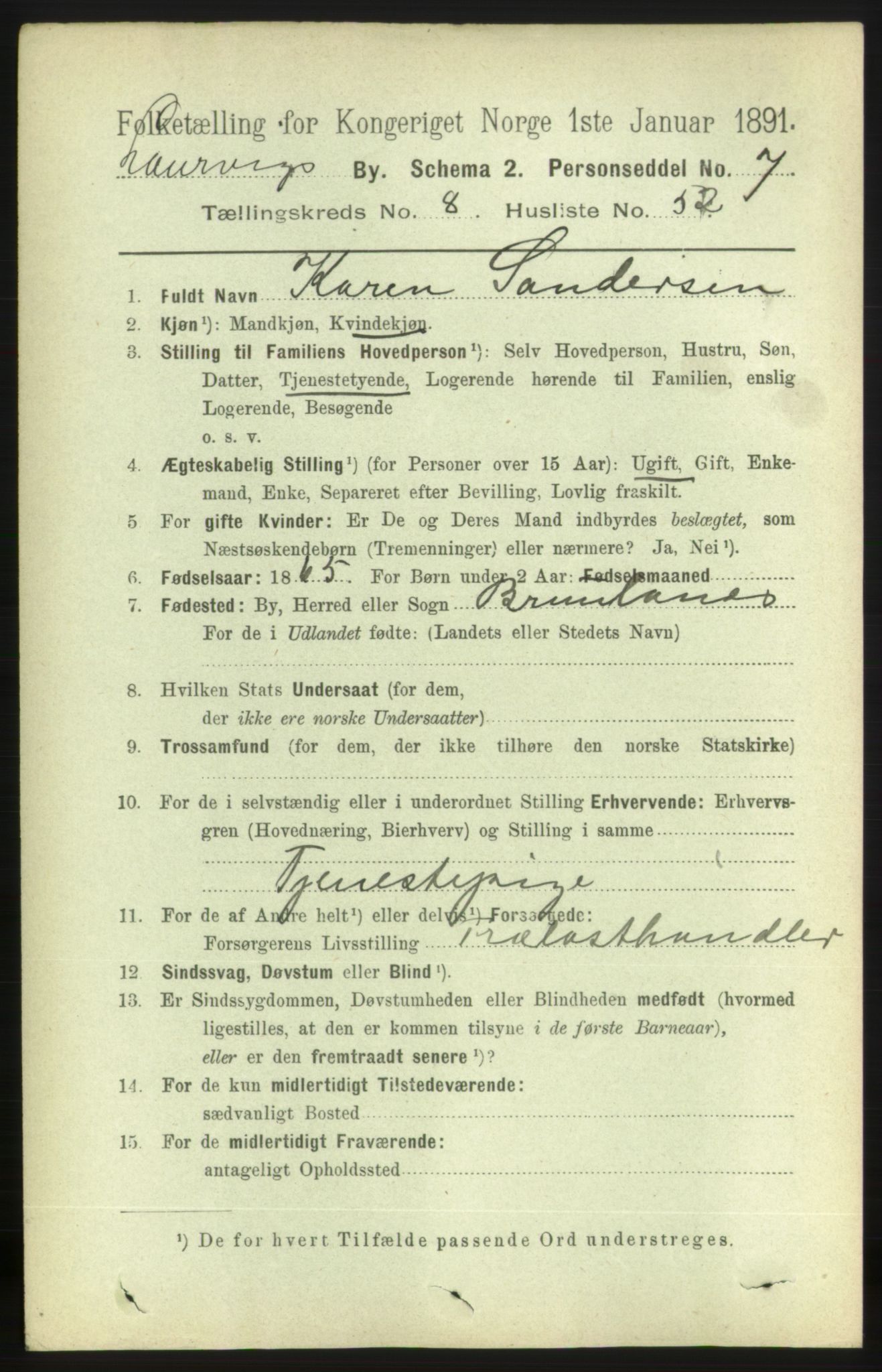 RA, 1891 census for 0707 Larvik, 1891, p. 8454