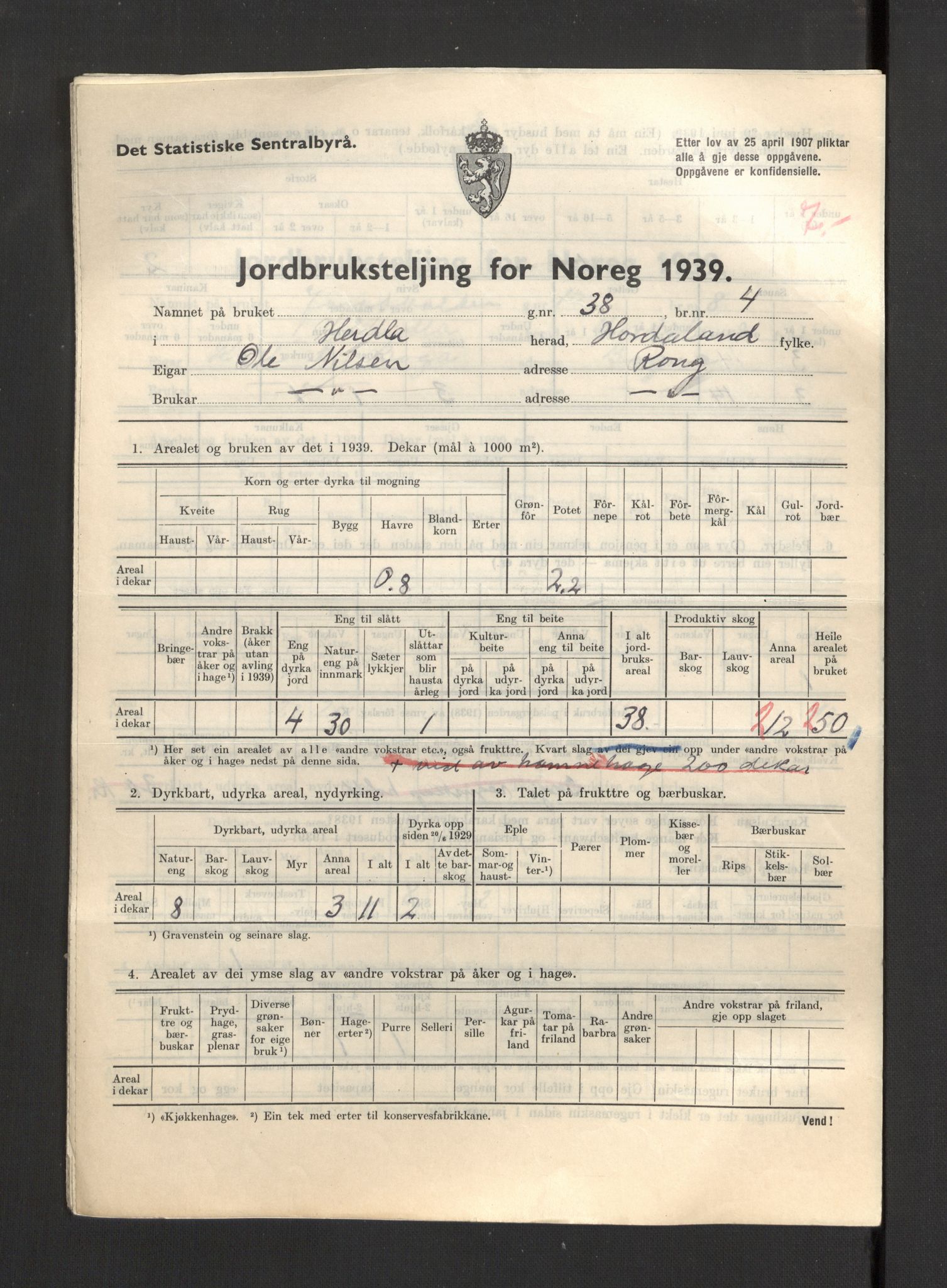 Statistisk sentralbyrå, Næringsøkonomiske emner, Jordbruk, skogbruk, jakt, fiske og fangst, AV/RA-S-2234/G/Gb/L0211: Hordaland: Herdla, Hjelme og Manger, 1939, p. 1009