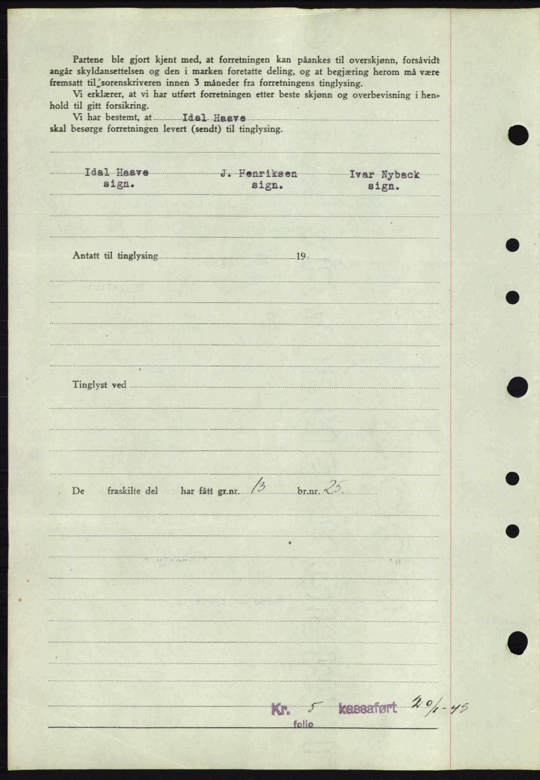 Tønsberg sorenskriveri, AV/SAKO-A-130/G/Ga/Gaa/L0016: Mortgage book no. A16, 1944-1945, Diary no: : 141/1945