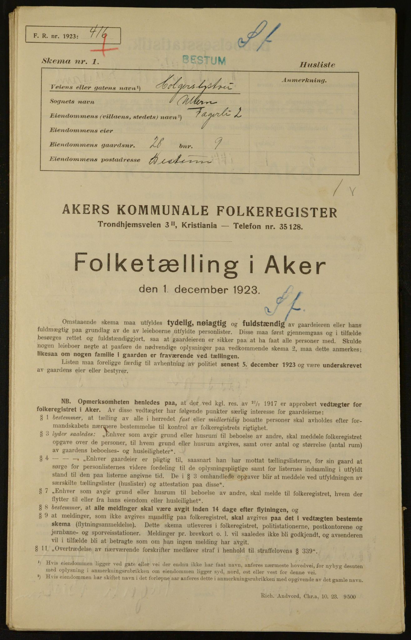 , Municipal Census 1923 for Aker, 1923, p. 2570