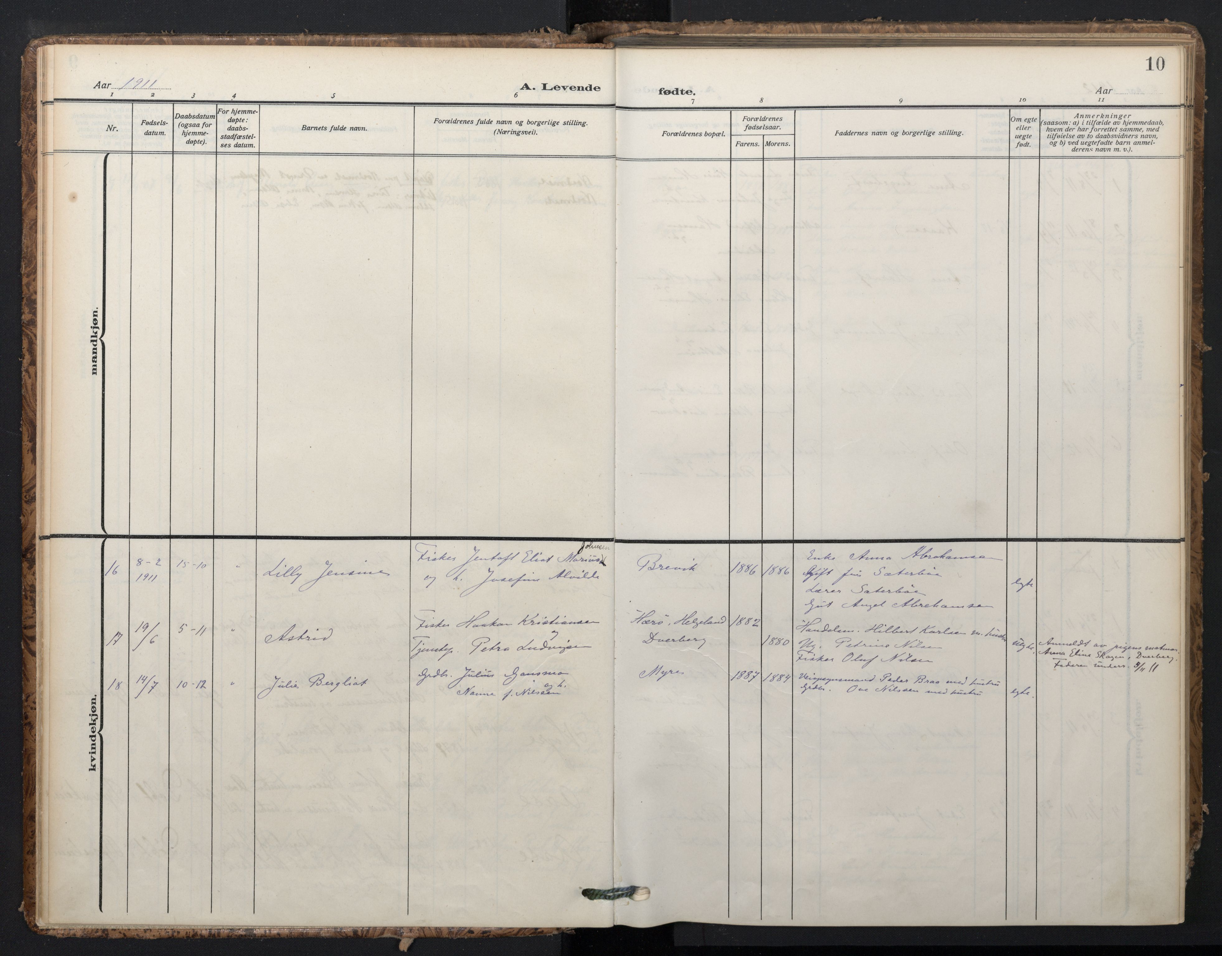 Ministerialprotokoller, klokkerbøker og fødselsregistre - Nordland, SAT/A-1459/897/L1401: Parish register (official) no. 897A08, 1909-1921, p. 10