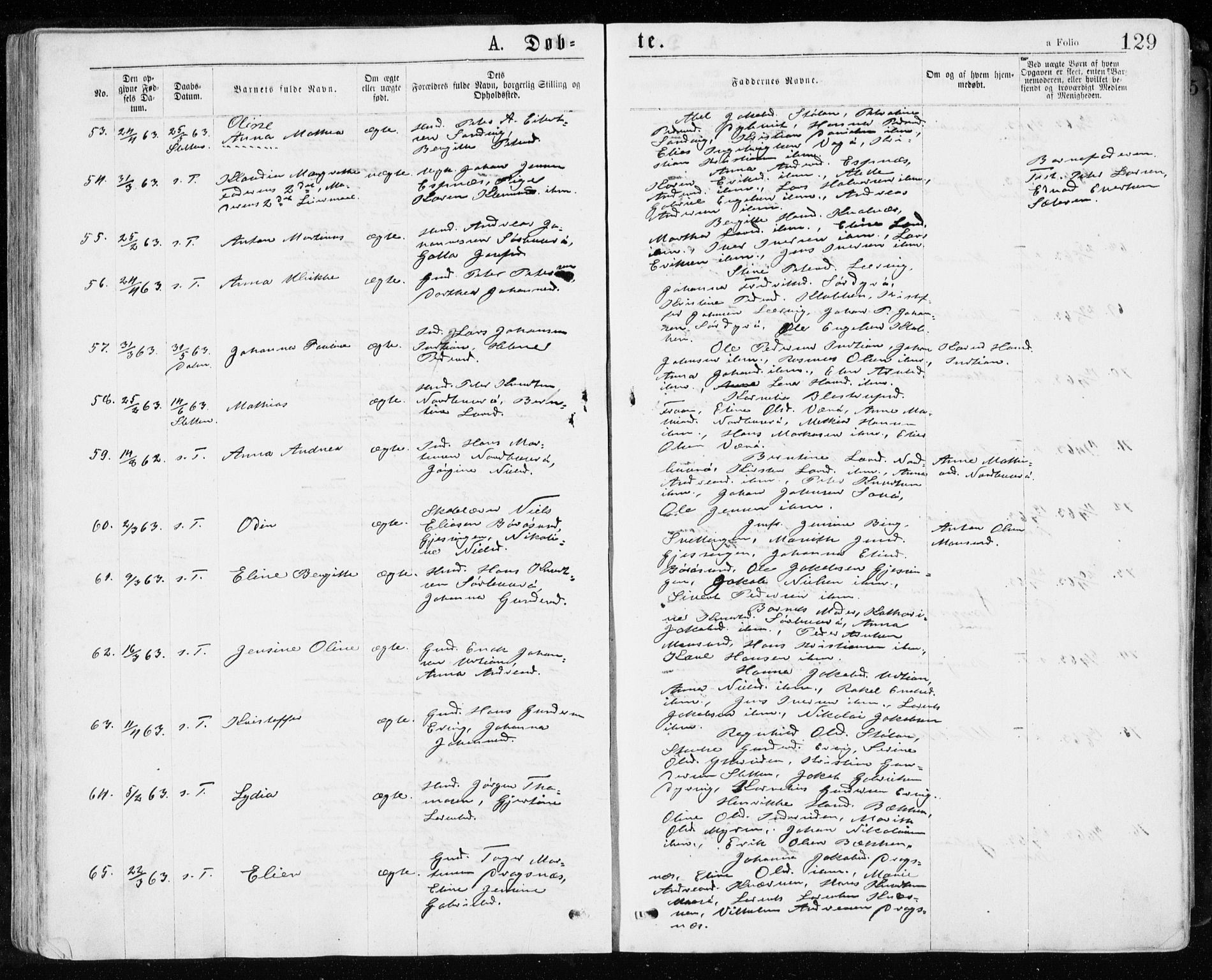 Ministerialprotokoller, klokkerbøker og fødselsregistre - Sør-Trøndelag, SAT/A-1456/640/L0576: Parish register (official) no. 640A01, 1846-1876, p. 129