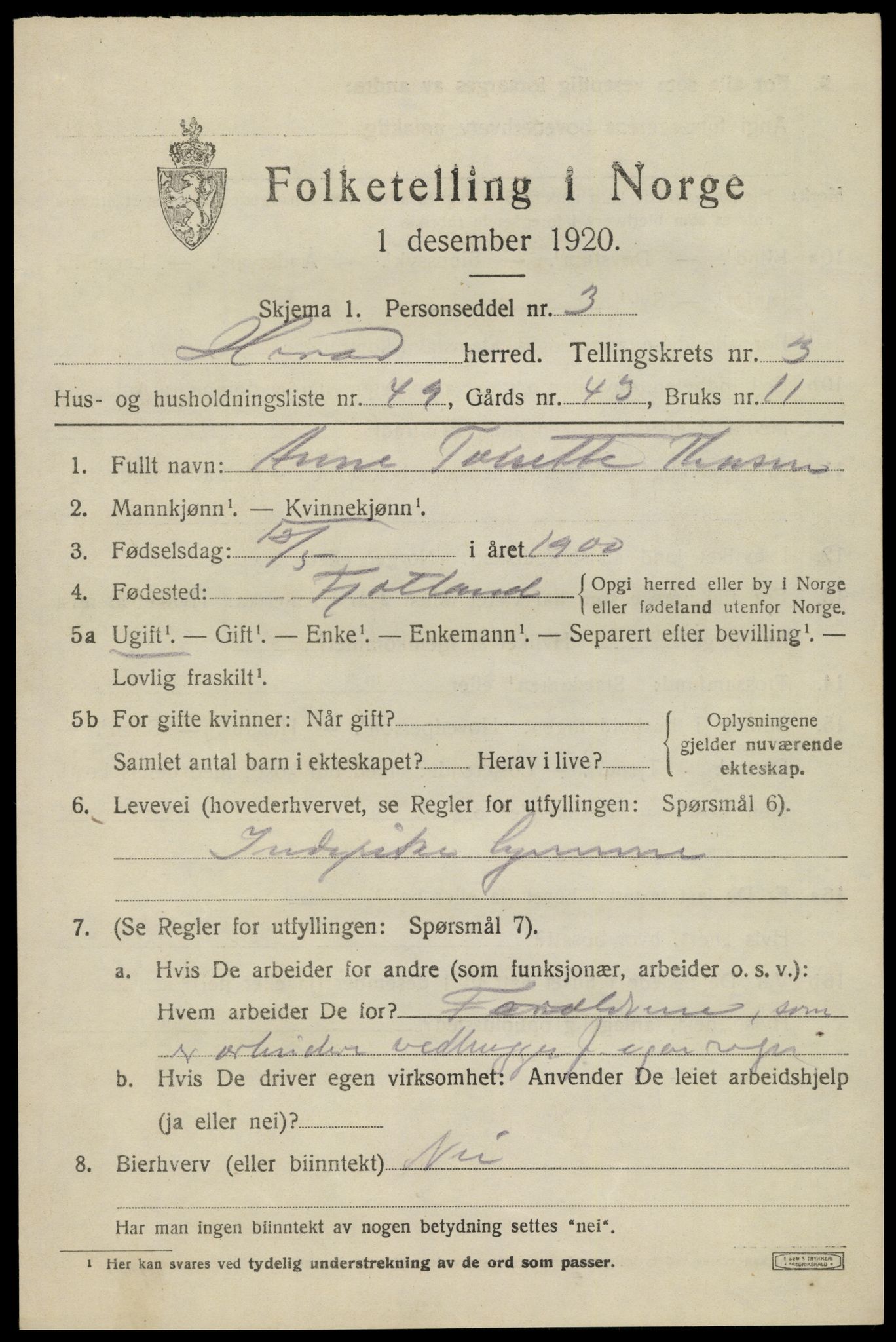 SAK, 1920 census for Herad, 1920, p. 1722