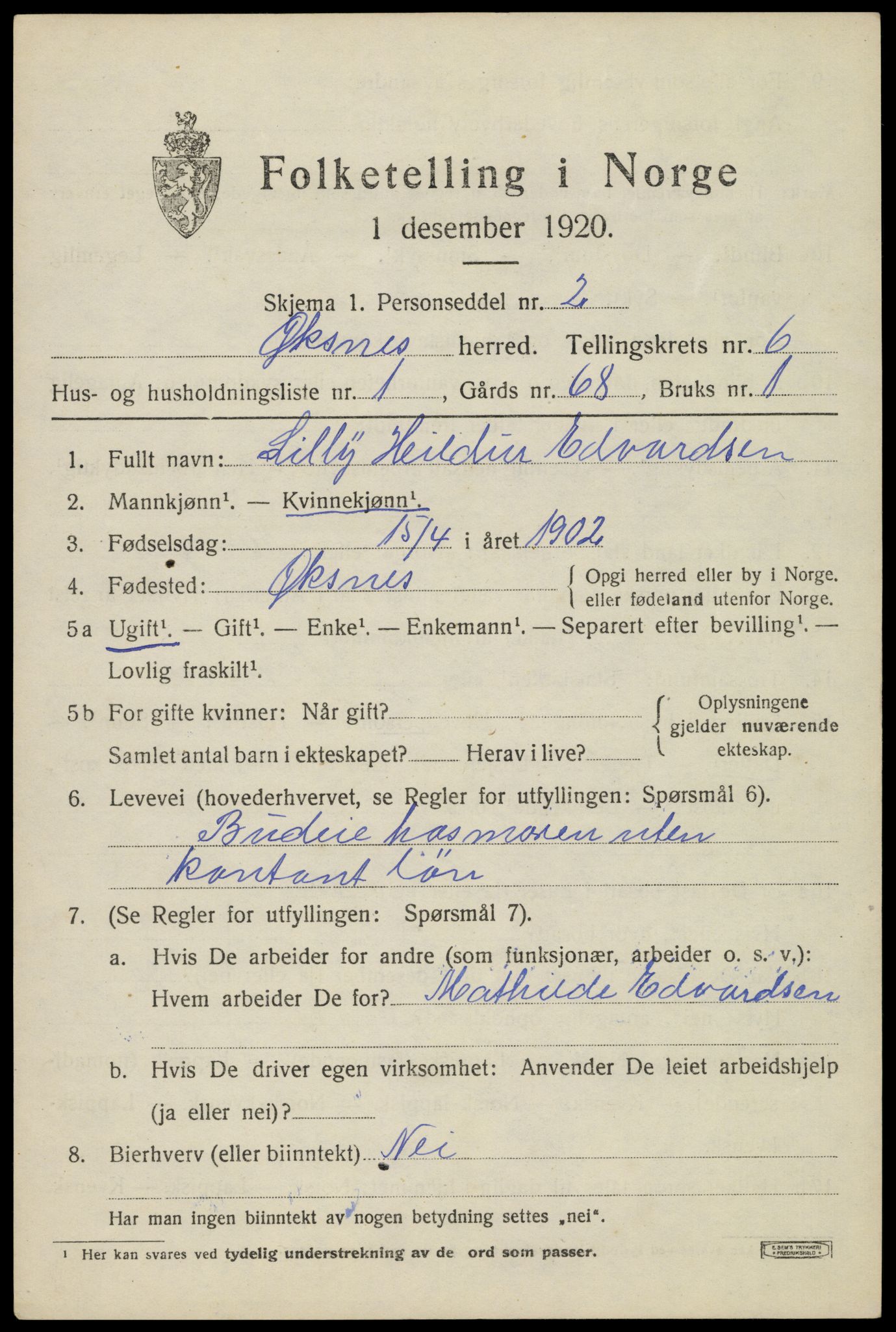 SAT, 1920 census for Øksnes, 1920, p. 4844