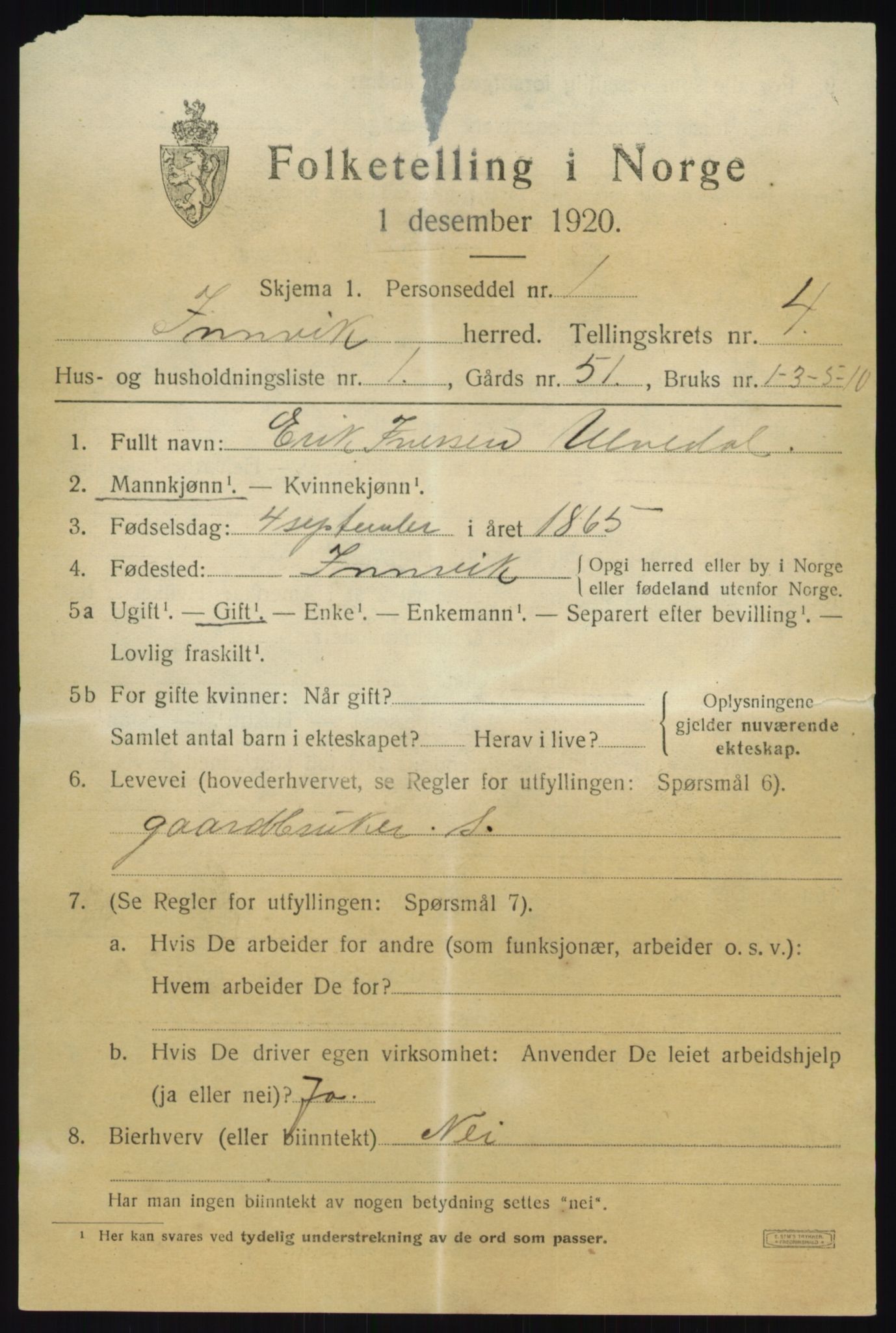 SAB, 1920 census for Innvik, 1920, p. 2173