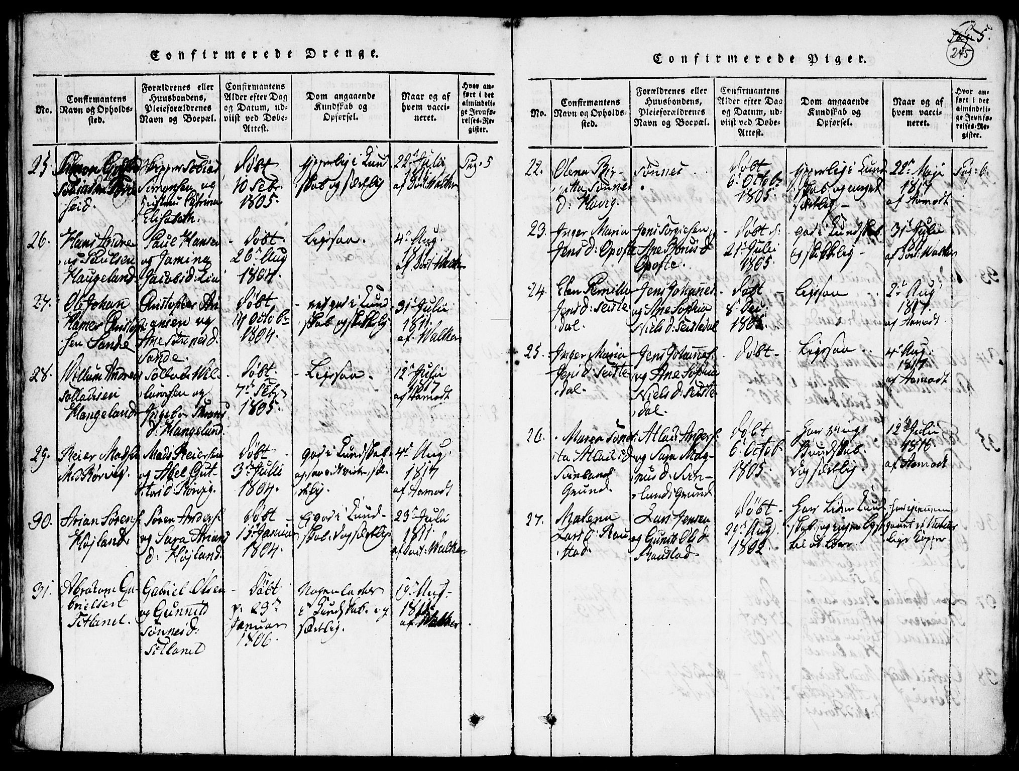Kvinesdal sokneprestkontor, SAK/1111-0026/F/Fa/Faa/L0001: Parish register (official) no. A 1, 1815-1849, p. 245
