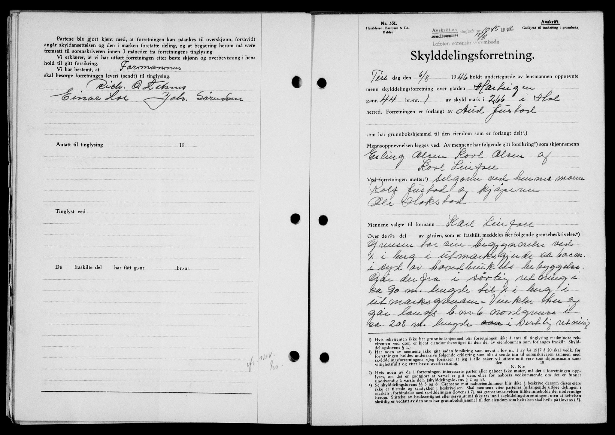 Lofoten sorenskriveri, SAT/A-0017/1/2/2C/L0014a: Mortgage book no. 14a, 1946-1946, Diary no: : 1045/1946