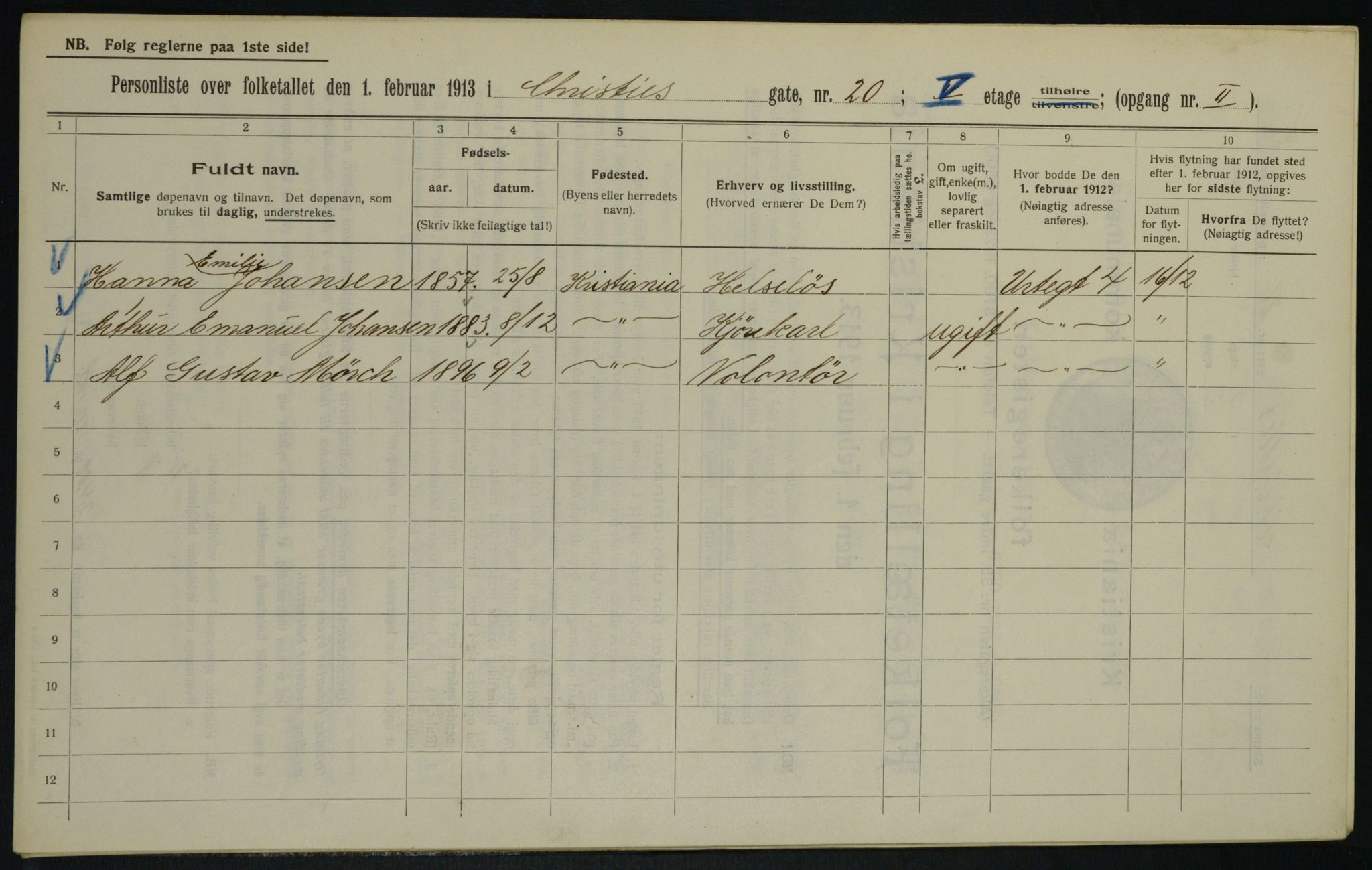 OBA, Municipal Census 1913 for Kristiania, 1913, p. 12367