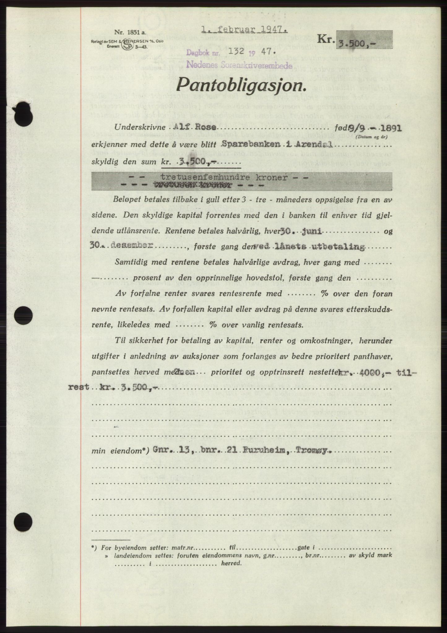 Nedenes sorenskriveri, AV/SAK-1221-0006/G/Gb/Gbb/L0004: Mortgage book no. B4, 1947-1947, Diary no: : 132/1947