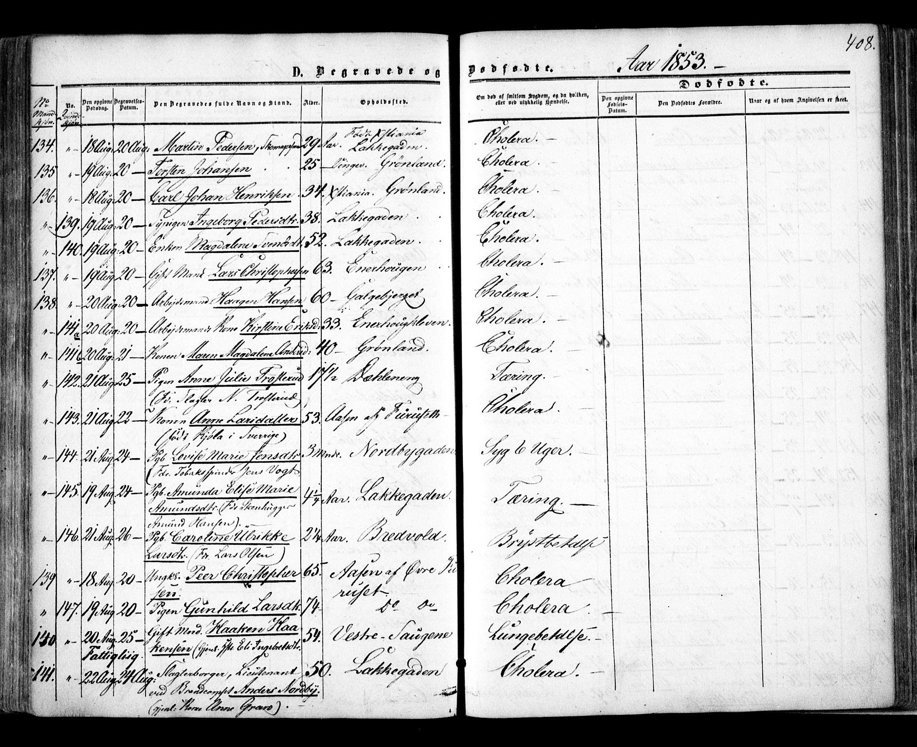 Aker prestekontor kirkebøker, AV/SAO-A-10861/F/L0020: Parish register (official) no. 20, 1853-1857, p. 408