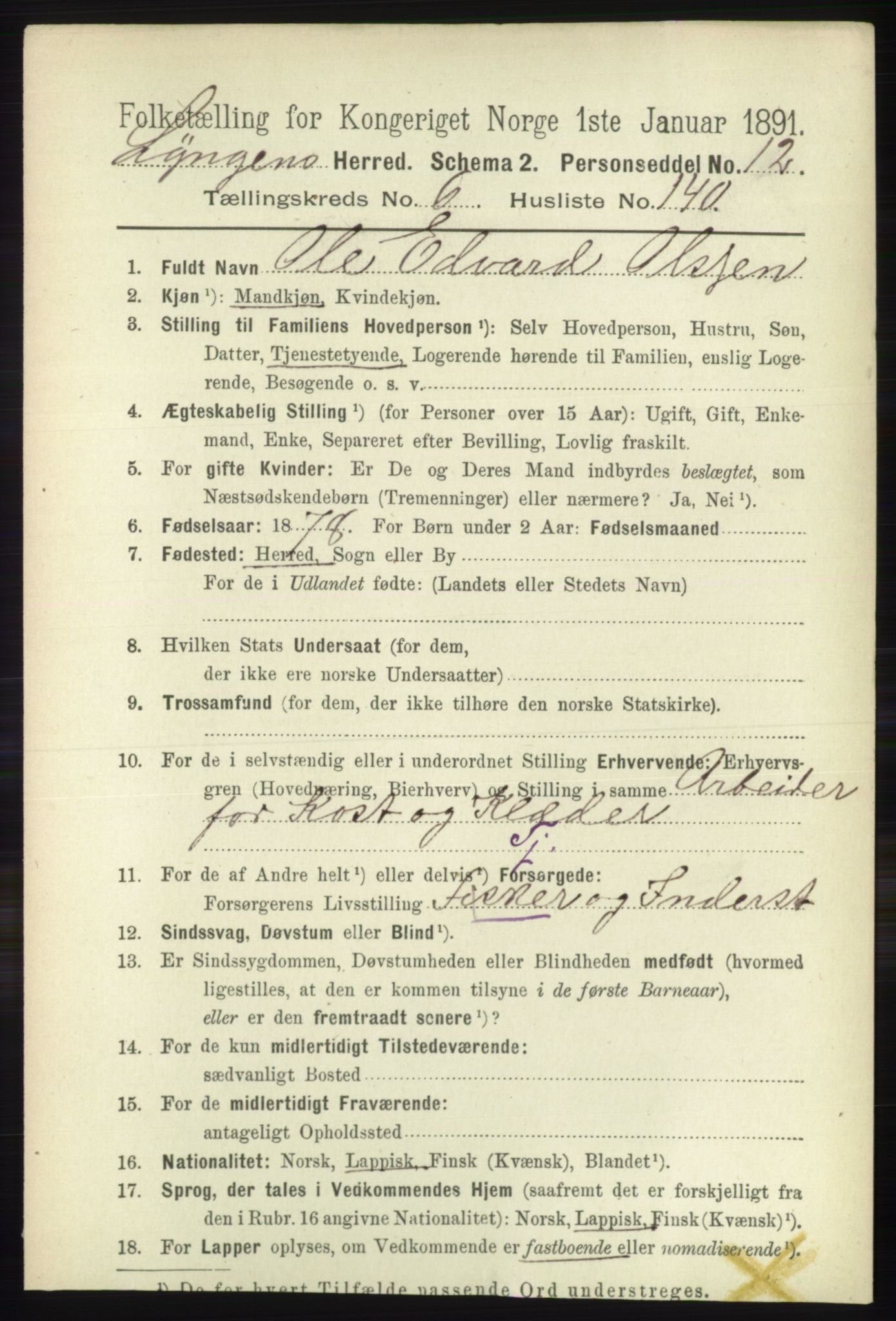 RA, 1891 census for 1938 Lyngen, 1891, p. 6241