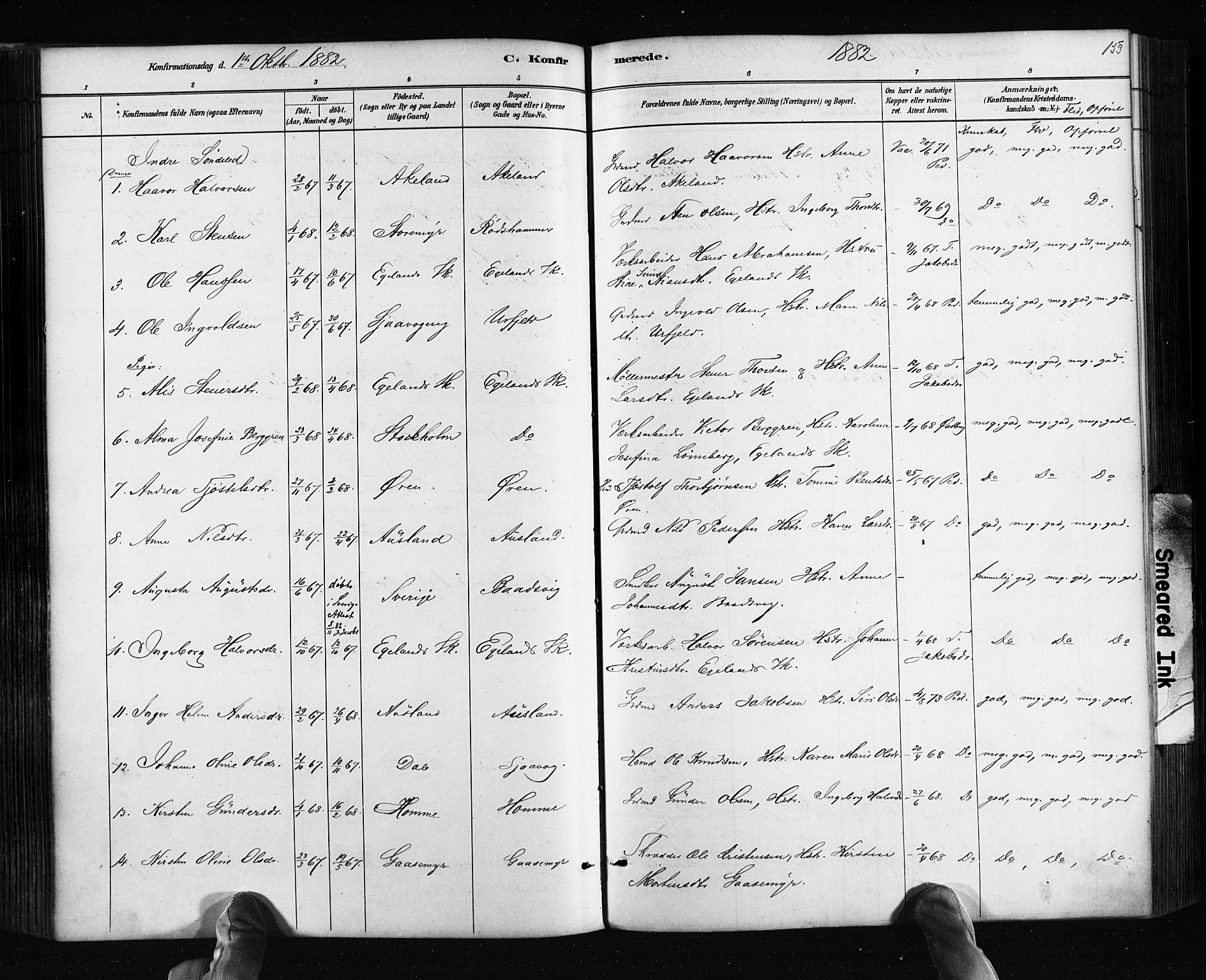 Søndeled sokneprestkontor, SAK/1111-0038/F/Fa/L0004: Parish register (official) no. A 4, 1880-1889, p. 153