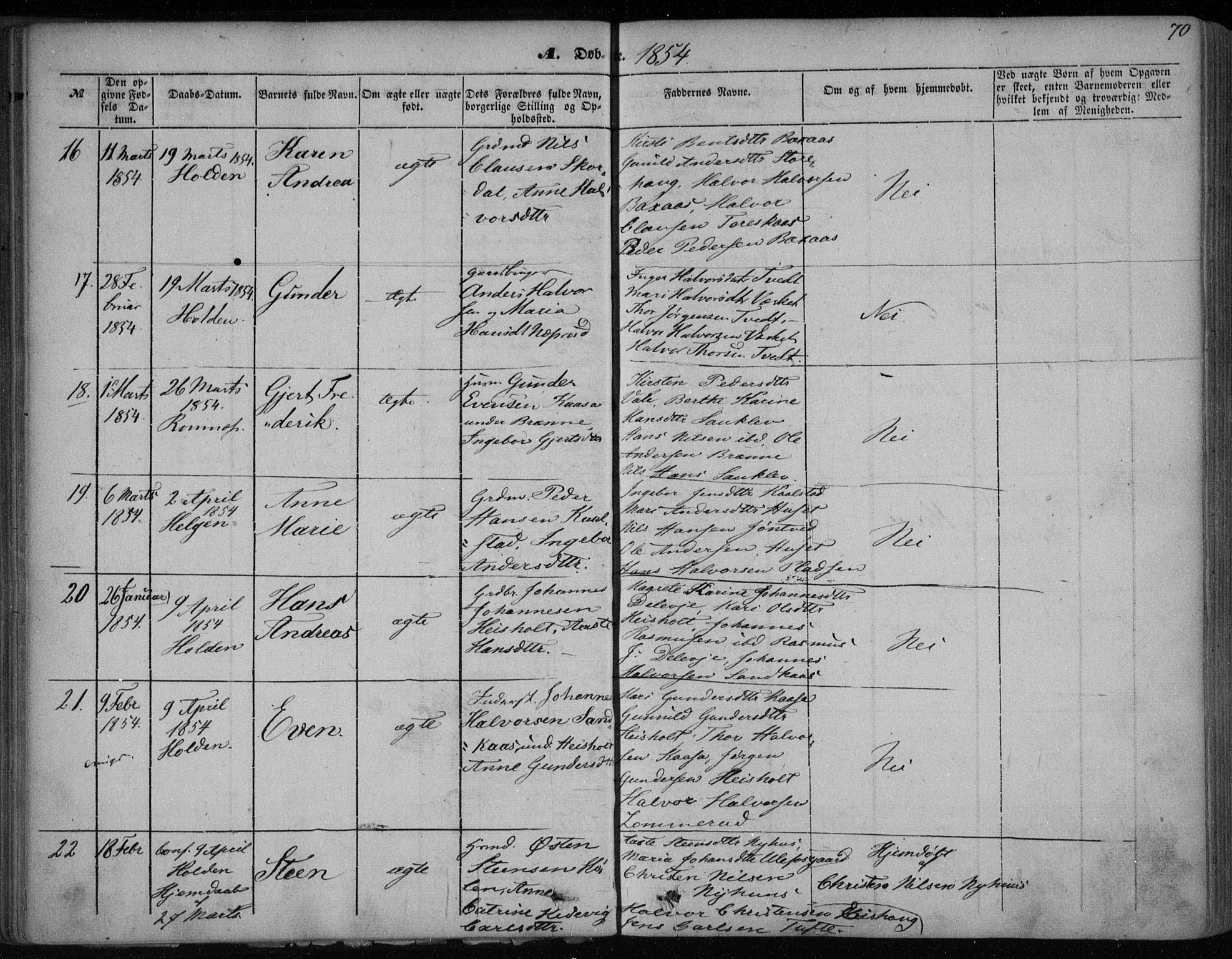 Holla kirkebøker, AV/SAKO-A-272/F/Fa/L0005: Parish register (official) no. 5, 1849-1860, p. 70