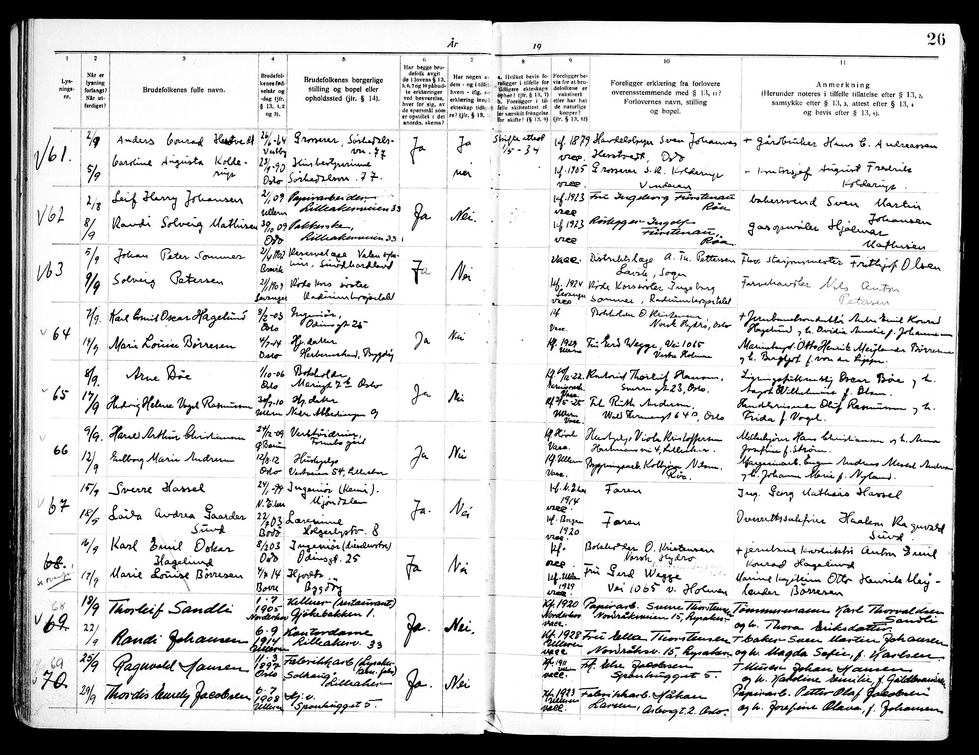 Ullern prestekontor Kirkebøker, SAO/A-10740/H/L0004: Banns register no. 4, 1933-1945, p. 26