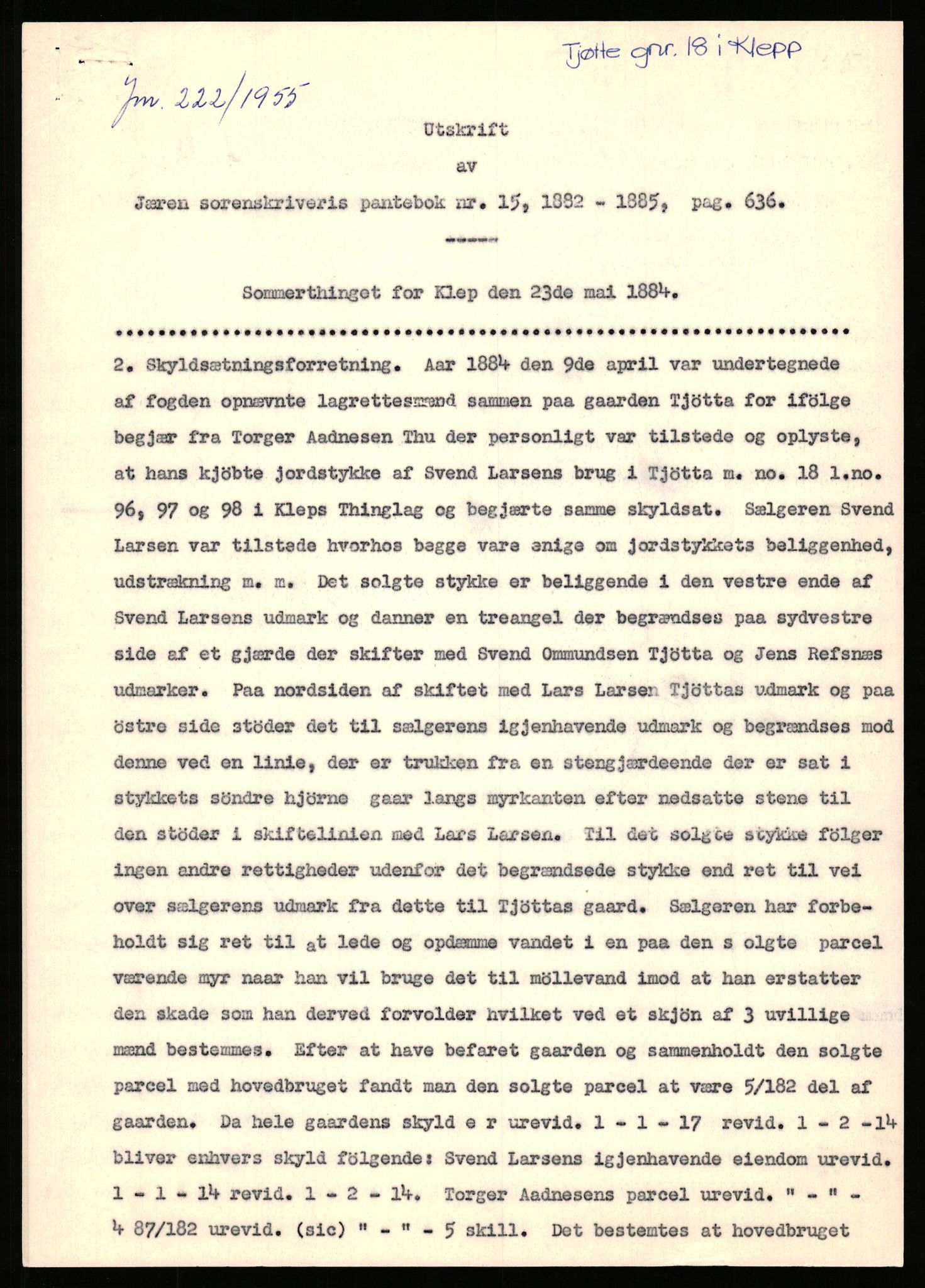 Statsarkivet i Stavanger, AV/SAST-A-101971/03/Y/Yj/L0087: Avskrifter sortert etter gårdsnavn: Tjemsland nordre - Todhammer, 1750-1930, p. 592