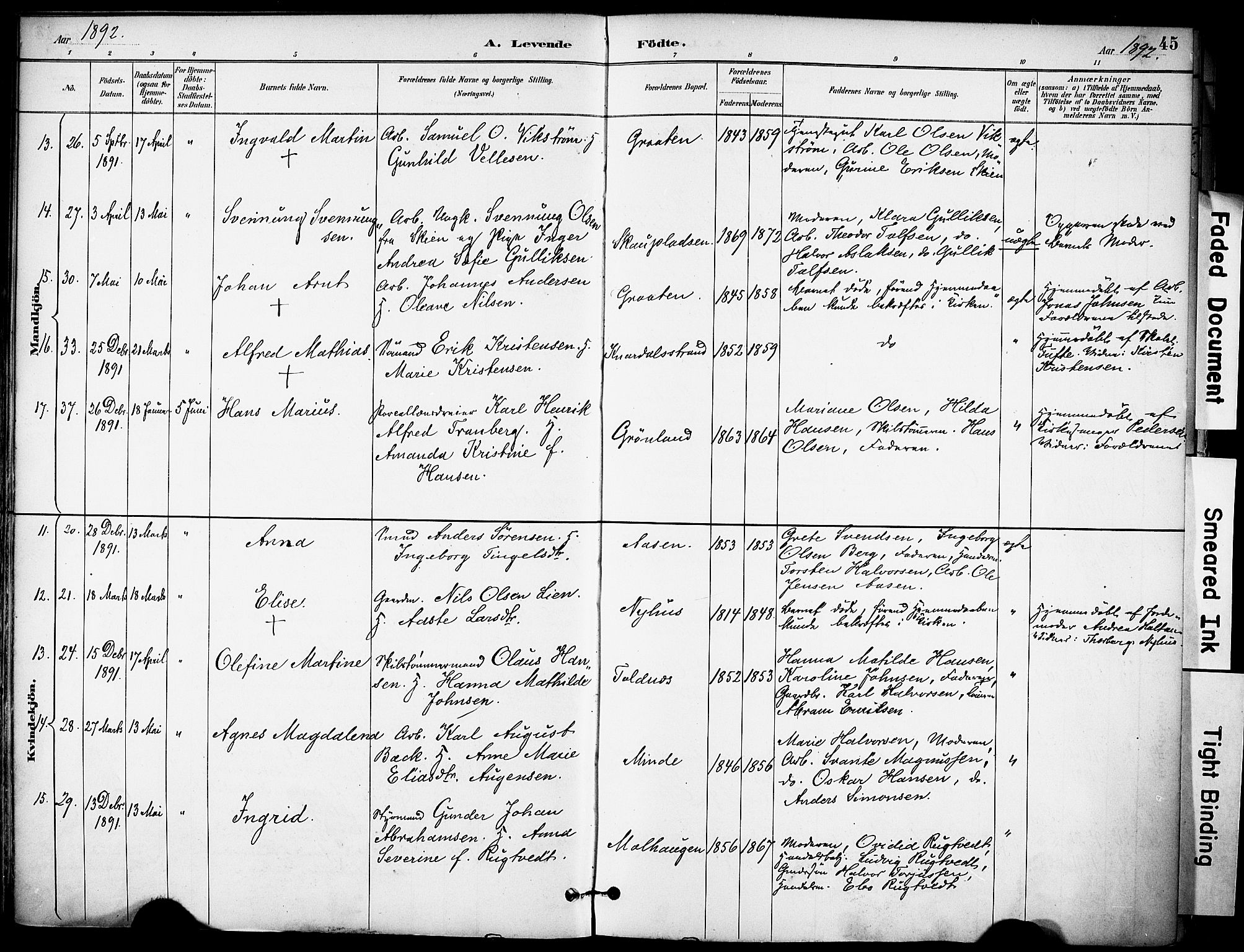 Solum kirkebøker, AV/SAKO-A-306/F/Fa/L0010: Parish register (official) no. I 10, 1888-1898, p. 45