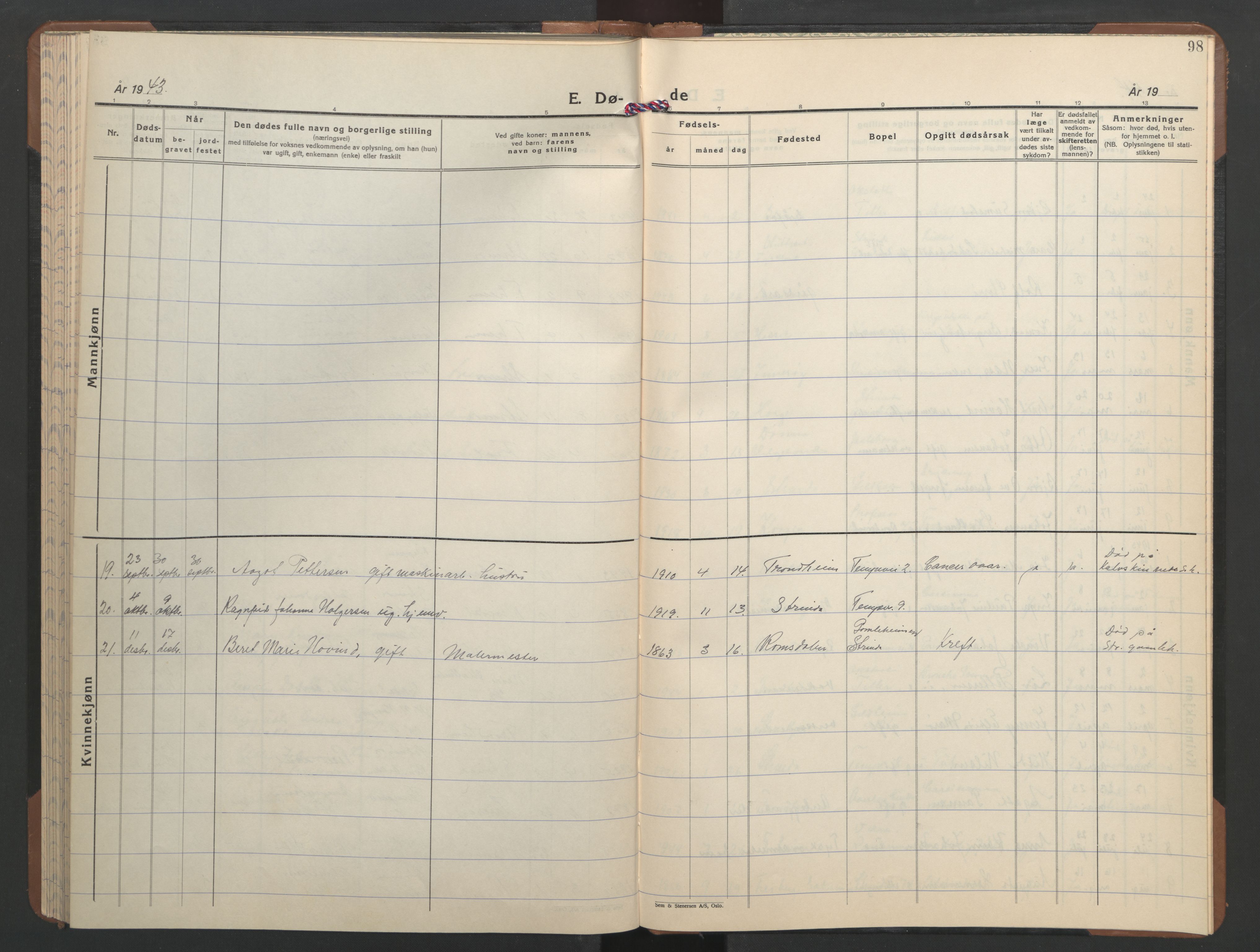 Ministerialprotokoller, klokkerbøker og fødselsregistre - Sør-Trøndelag, AV/SAT-A-1456/606/L0315: Parish register (copy) no. 606C11, 1938-1947, p. 98