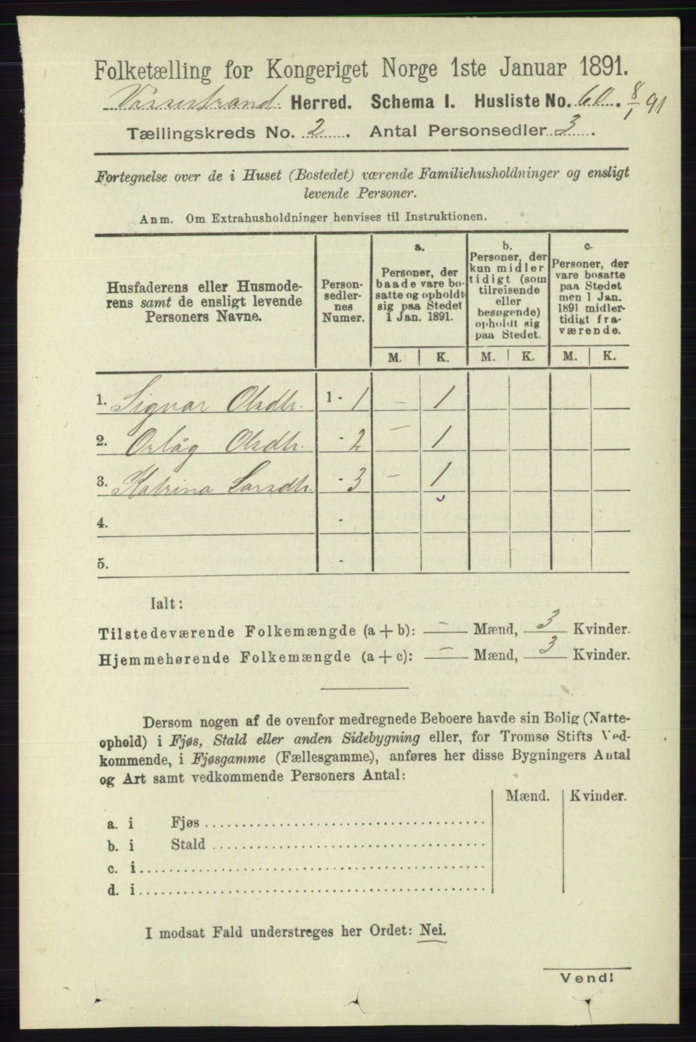 RA, 1891 census for 1236 Vossestrand, 1891, p. 701