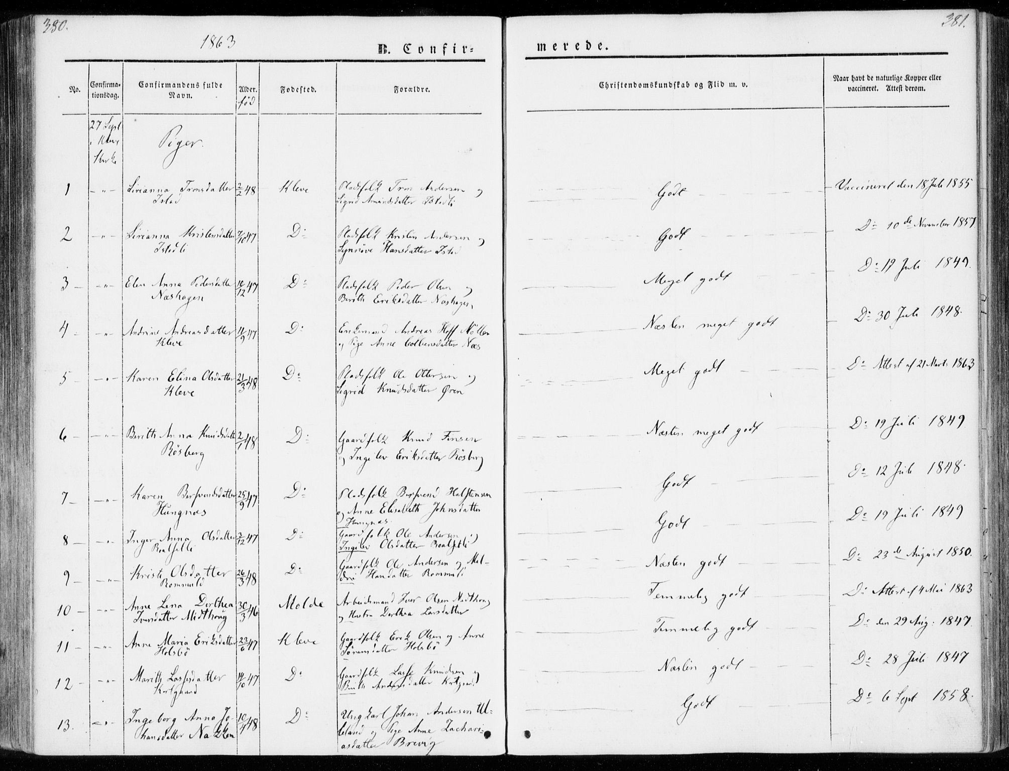 Ministerialprotokoller, klokkerbøker og fødselsregistre - Møre og Romsdal, AV/SAT-A-1454/557/L0680: Parish register (official) no. 557A02, 1843-1869, p. 380-381