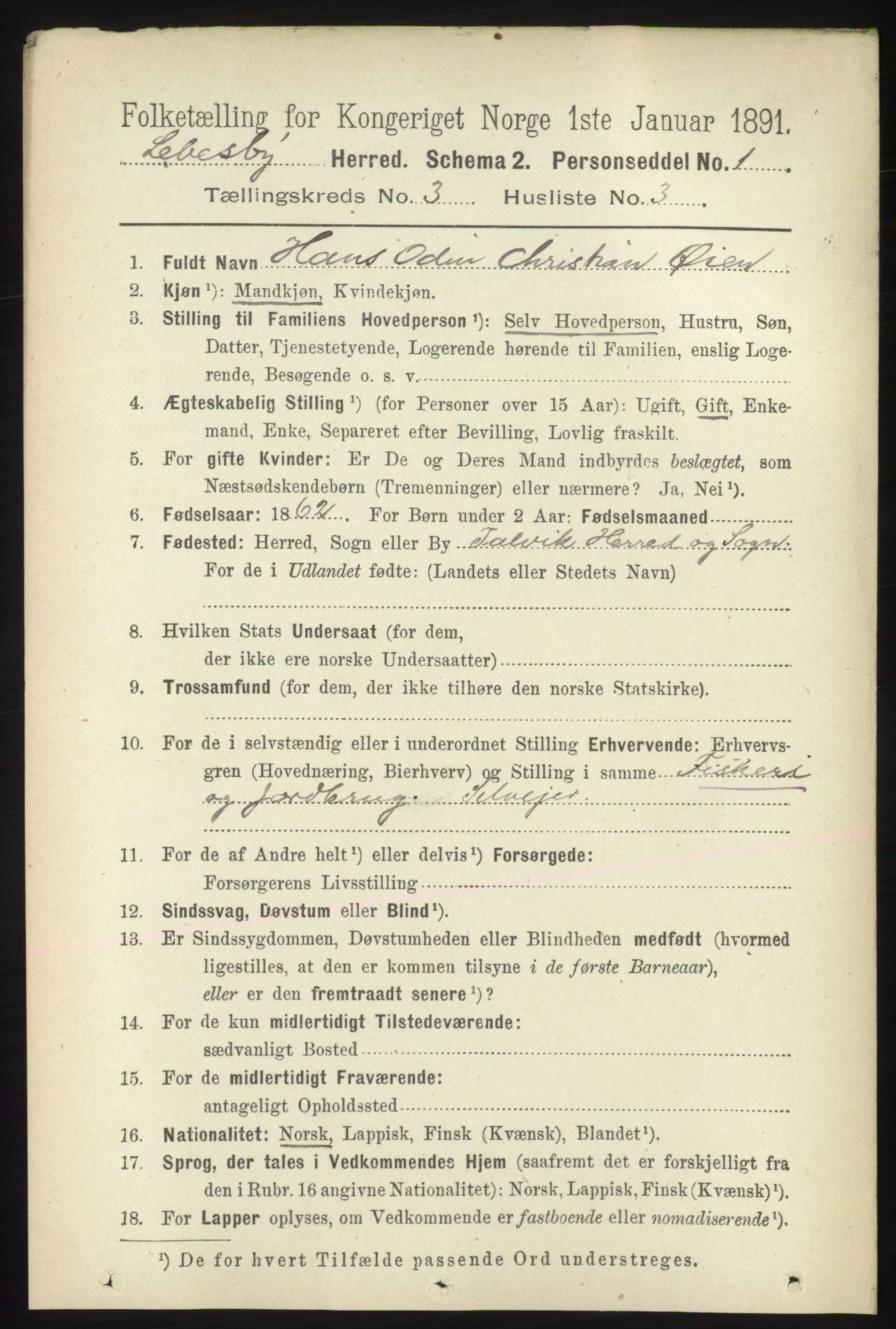 RA, 1891 census for 2022 Lebesby, 1891, p. 738