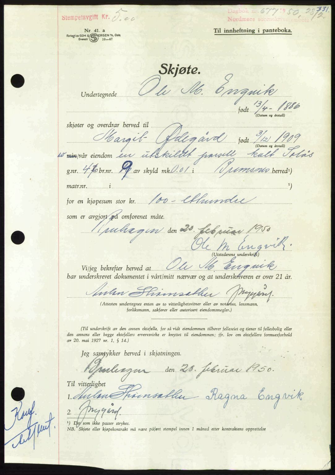 Nordmøre sorenskriveri, AV/SAT-A-4132/1/2/2Ca: Mortgage book no. A114, 1950-1950, Diary no: : 677/1950