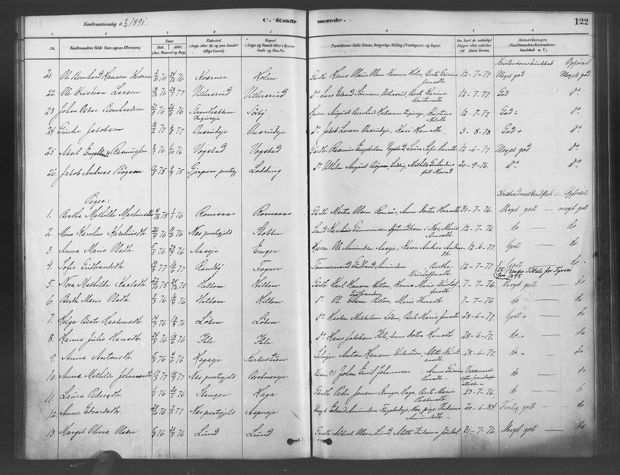 Ullensaker prestekontor Kirkebøker, AV/SAO-A-10236a/F/Fa/L0019: Parish register (official) no. I 19, 1878-1891, p. 122