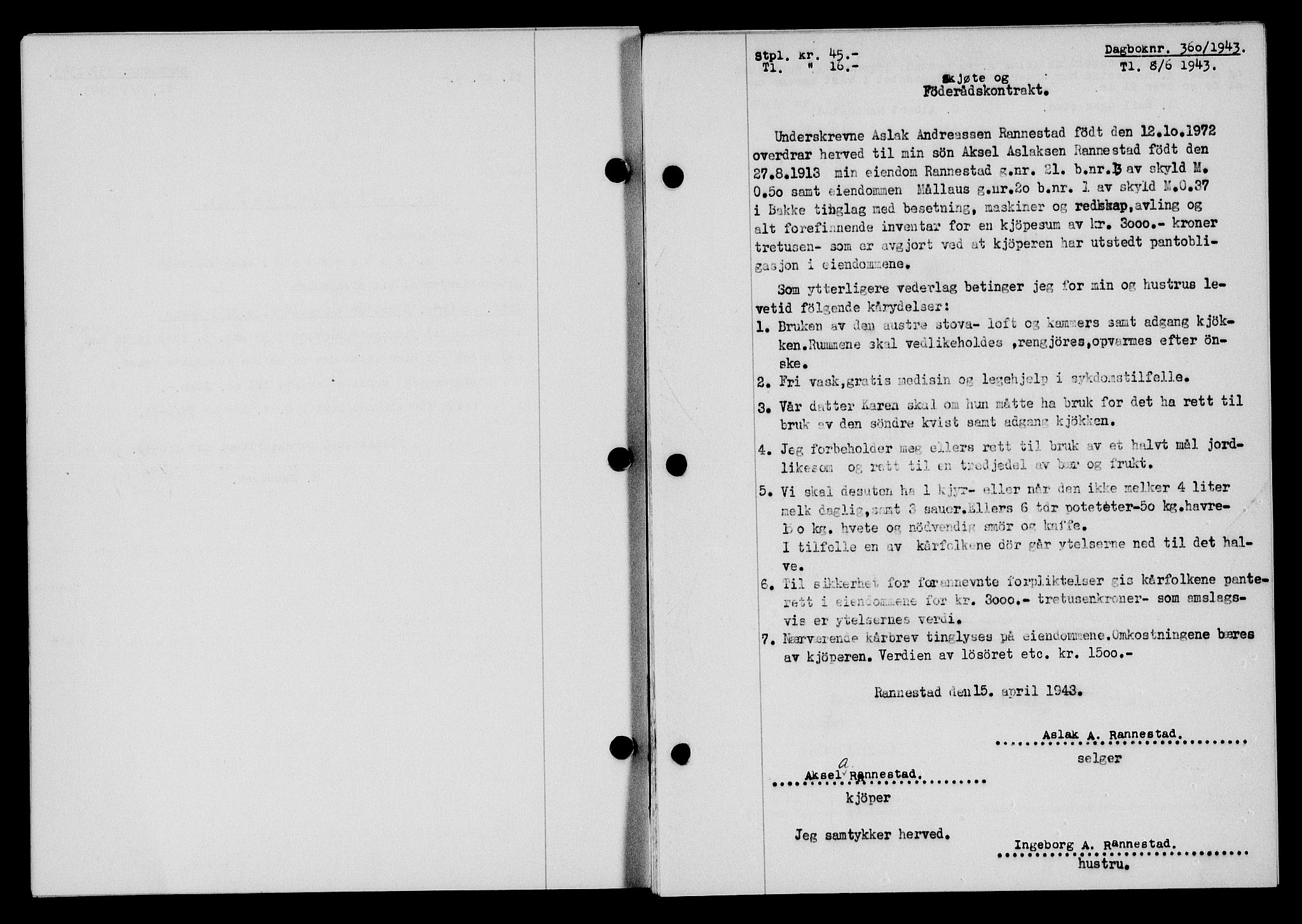 Flekkefjord sorenskriveri, SAK/1221-0001/G/Gb/Gba/L0058: Mortgage book no. A-6, 1942-1944, Diary no: : 360/1943