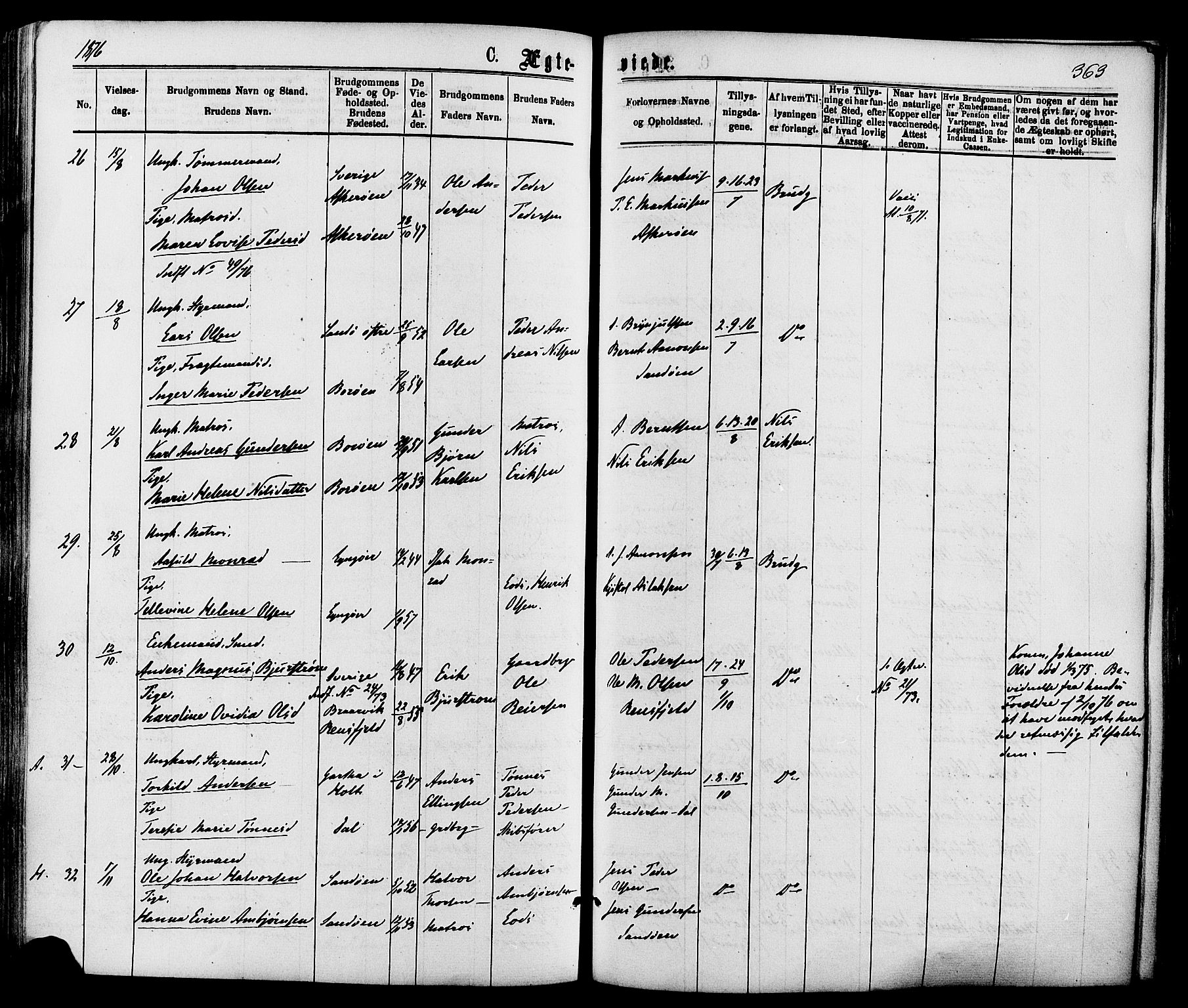 Dypvåg sokneprestkontor, AV/SAK-1111-0007/F/Fa/Faa/L0007: Parish register (official) no. A 7/ 1, 1872-1884, p. 363