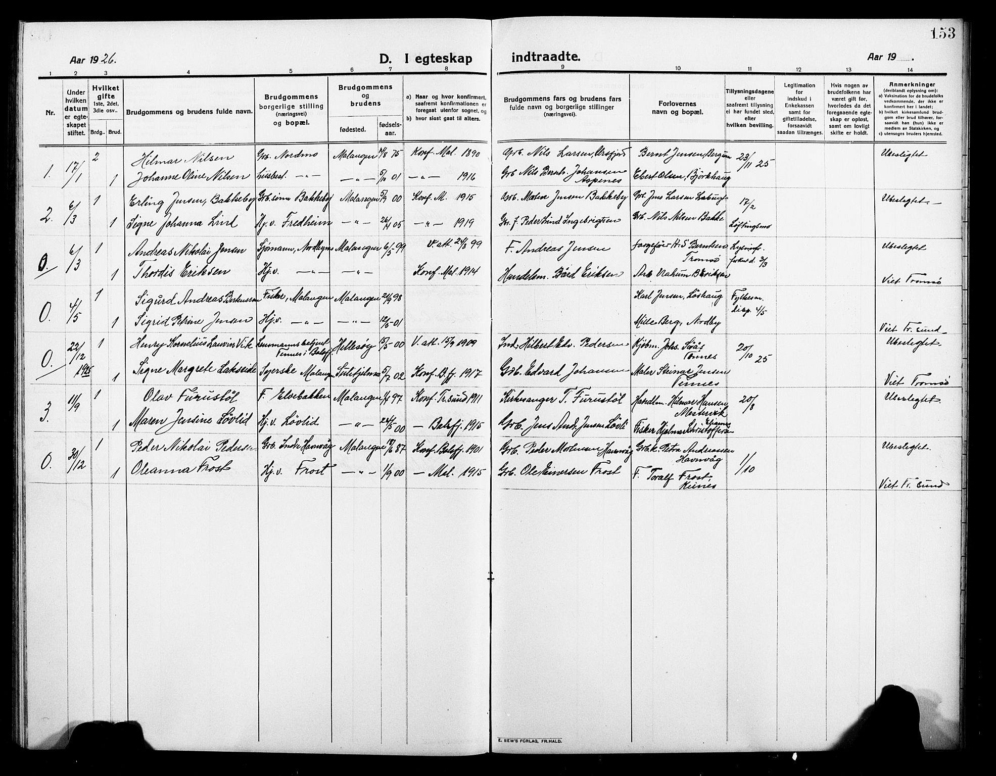 Balsfjord sokneprestembete, AV/SATØ-S-1303/G/Gab/L0004klokker: Parish register (copy) no. 4, 1910-1926, p. 153