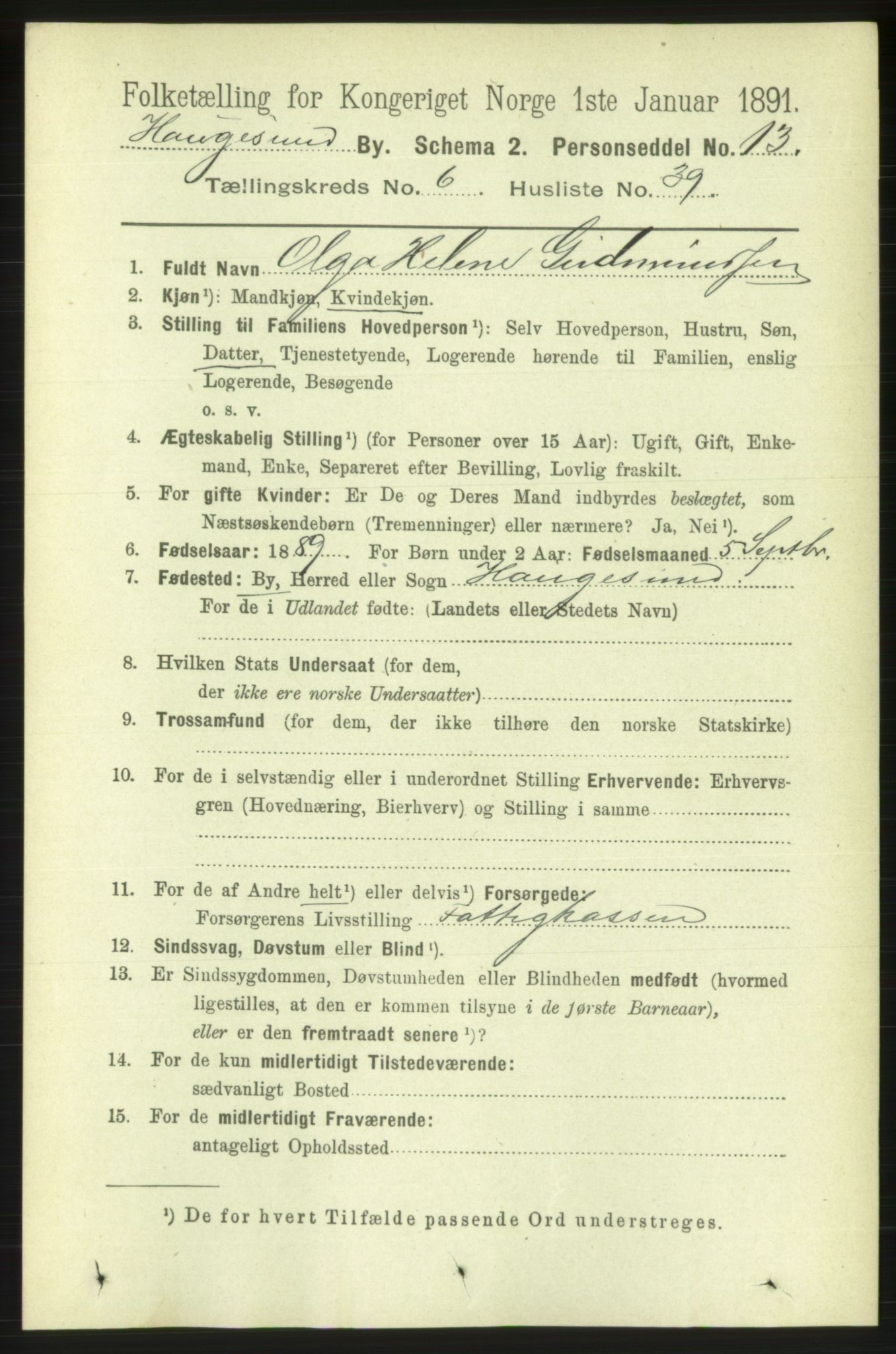 RA, 1891 census for 1106 Haugesund, 1891, p. 3051