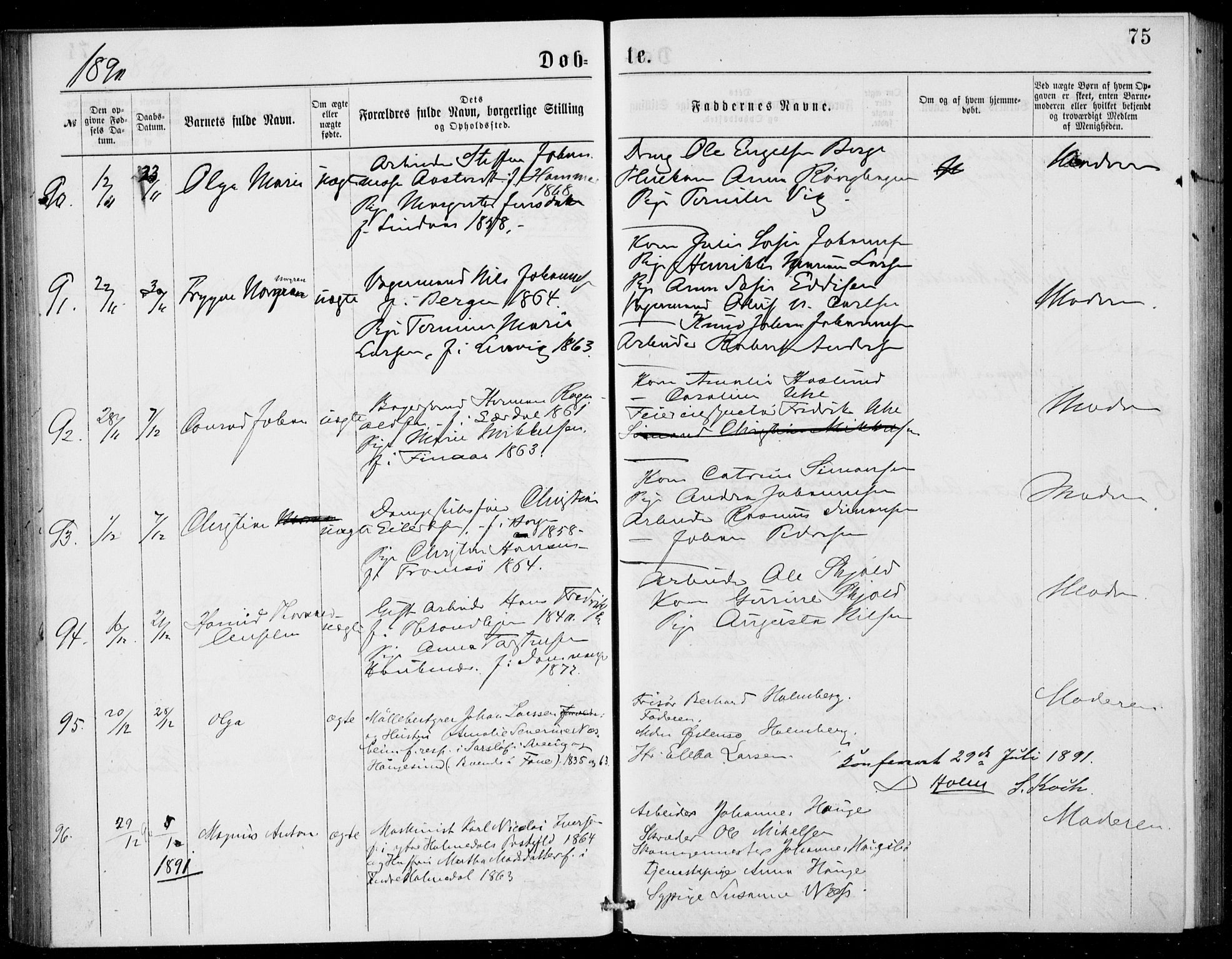 Fødselsstiftelsens sokneprestembete, ført av overlegen*, SAB/-: Parish register (official) no. A 2, 1884-1900, p. 75