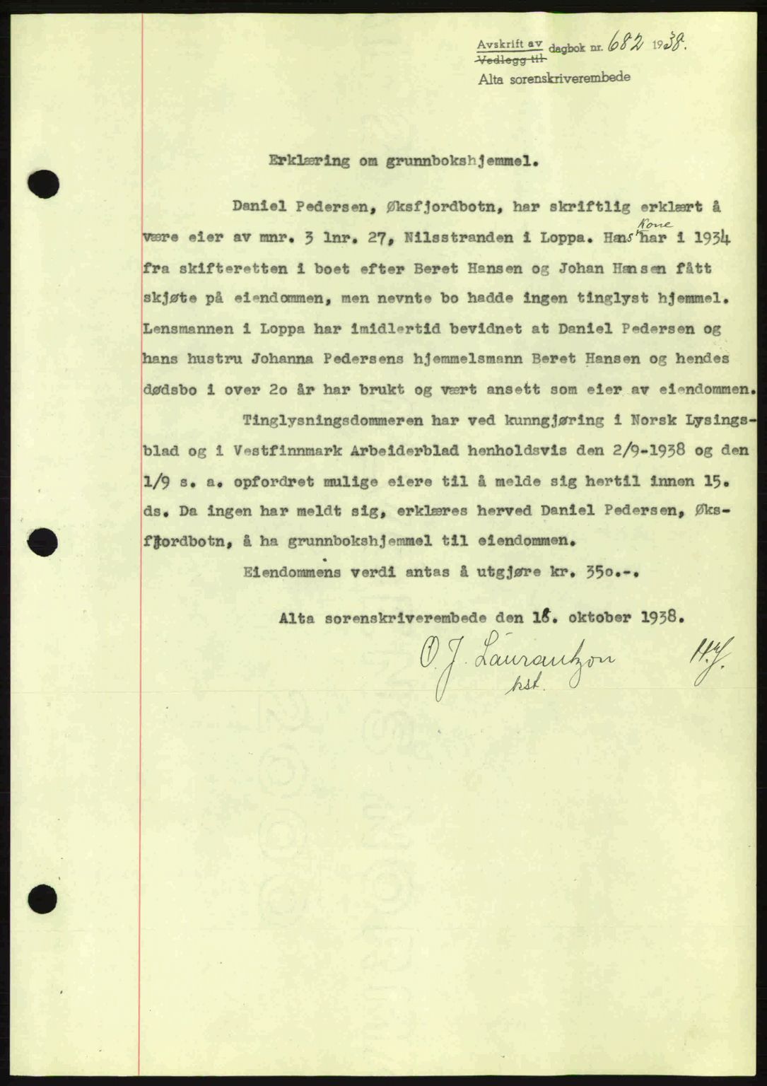 Alta fogderi/sorenskriveri, SATØ/SATØ-5/1/K/Kd/L0031pantebok: Mortgage book no. 31, 1938-1939, Diary no: : 682/1938