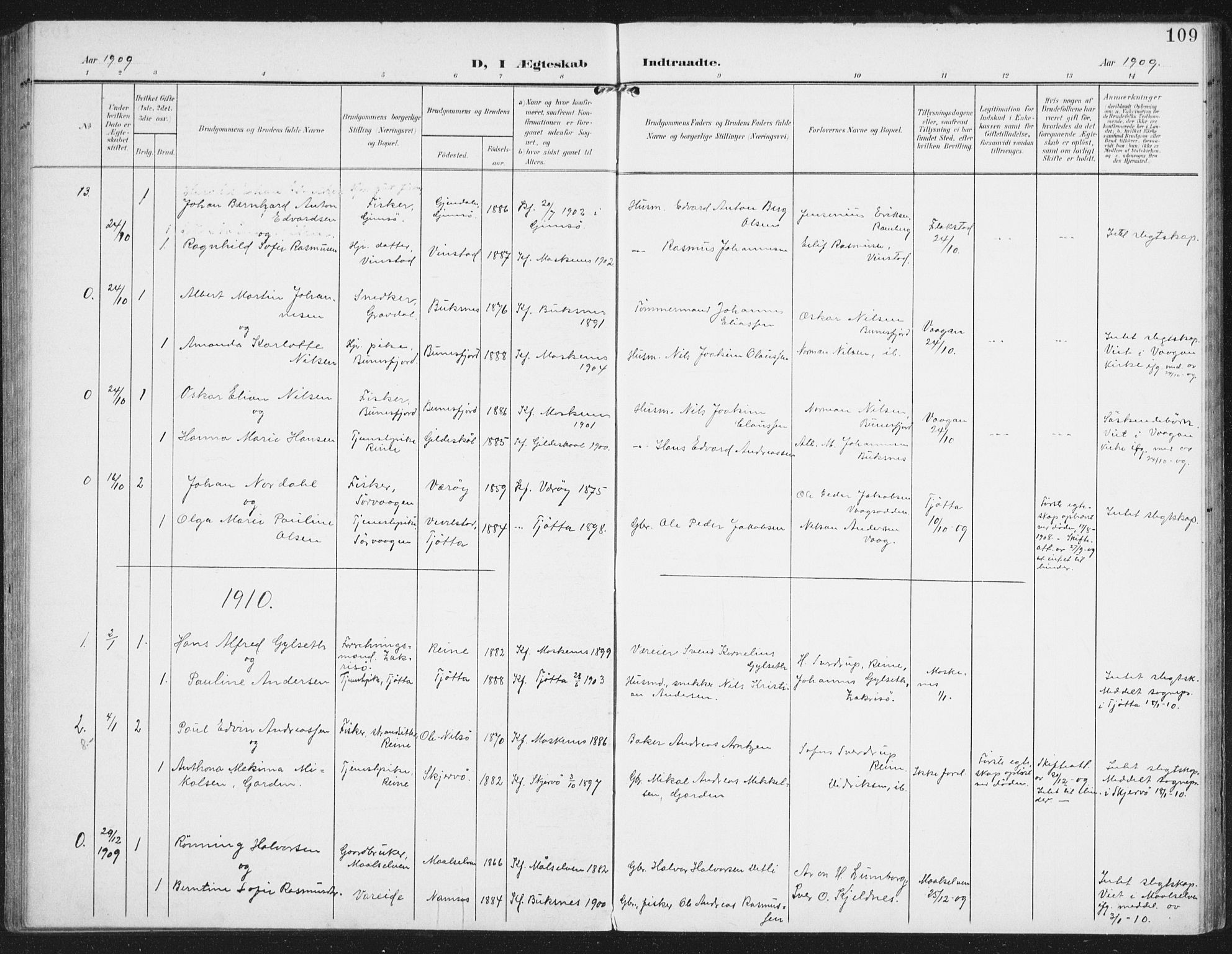 Ministerialprotokoller, klokkerbøker og fødselsregistre - Nordland, SAT/A-1459/886/L1221: Parish register (official) no. 886A03, 1903-1913, p. 109