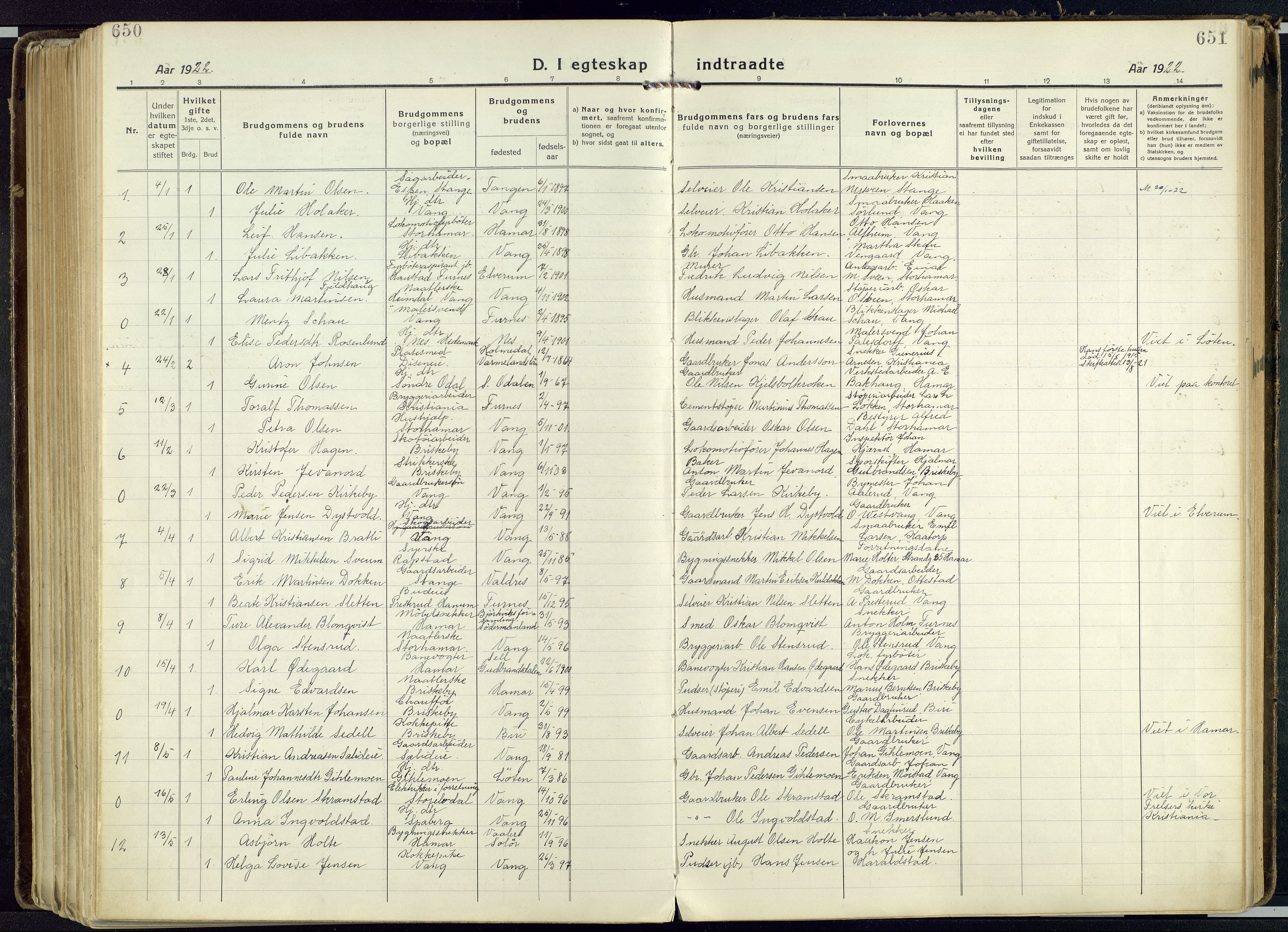 Vang prestekontor, Hedmark, SAH/PREST-008/H/Ha/Haa/L0022: Parish register (official) no. 22, 1918-1944, p. 650-651