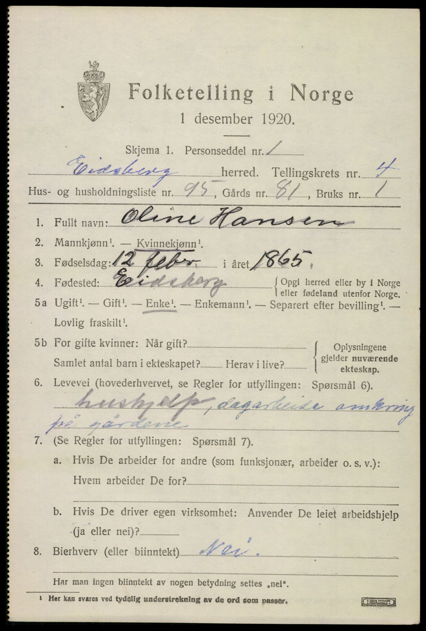 SAO, 1920 census for Eidsberg, 1920, p. 6739