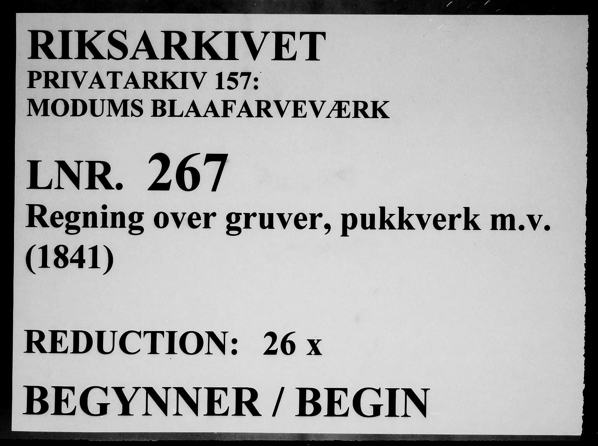 Modums Blaafarveværk, RA/PA-0157/G/Gd/Gdd/L0267/0001: -- / Regning over gruver pukkverk m.v., 1841, p. 1