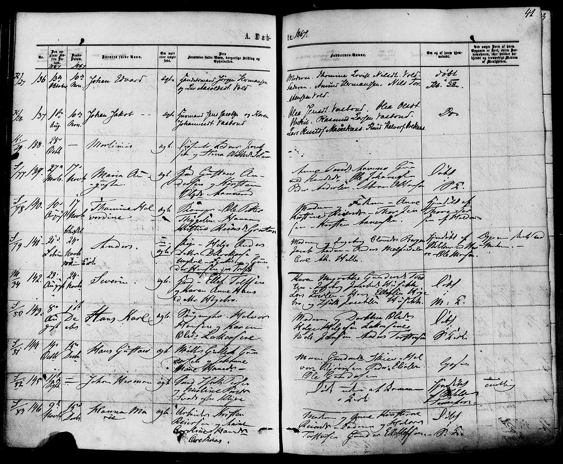 Solum kirkebøker, SAKO/A-306/F/Fa/L0008: Parish register (official) no. I 8, 1865-1876, p. 42