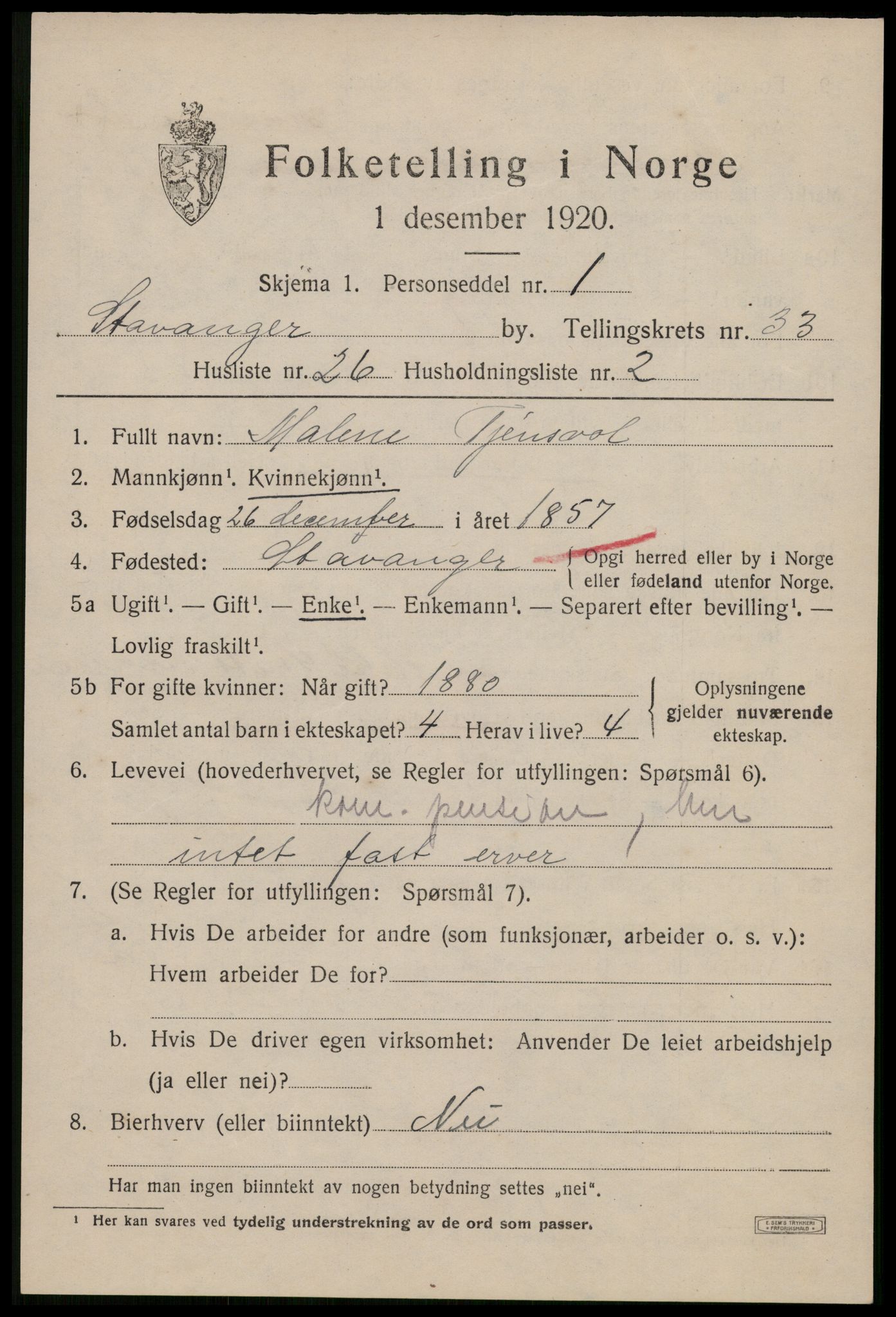 SAST, 1920 census for Stavanger, 1920, p. 91122