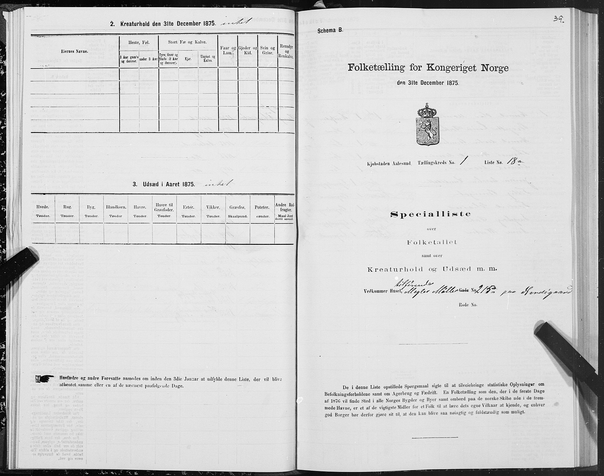 SAT, 1875 census for 1501P Ålesund, 1875, p. 1039