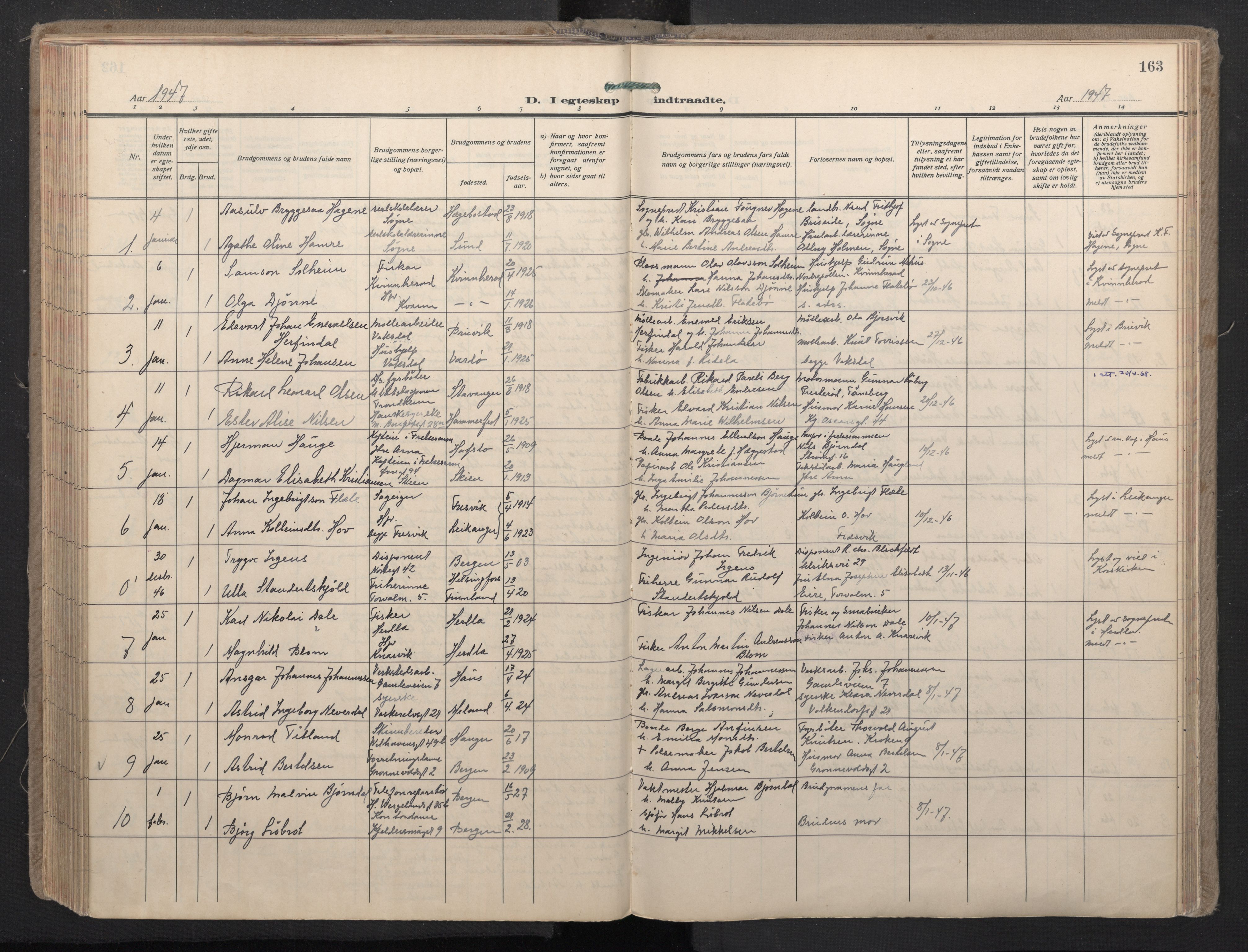 Domkirken sokneprestembete, SAB/A-74801/H/Haa: Parish register (official) no. D 7, 1937-1950, p. 162b-163a