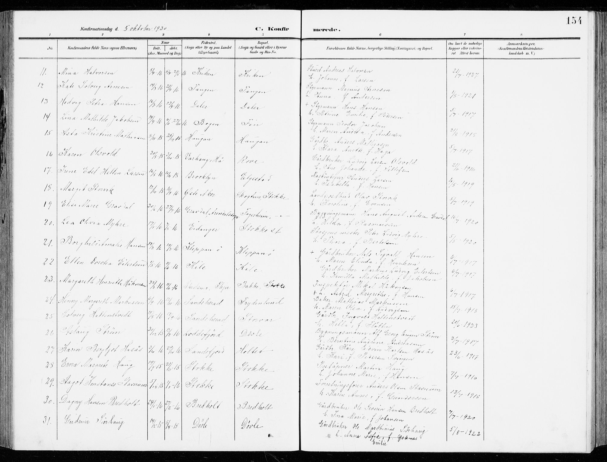Stokke kirkebøker, AV/SAKO-A-320/G/Ga/L0001: Parish register (copy) no. I 1, 1904-1940, p. 154