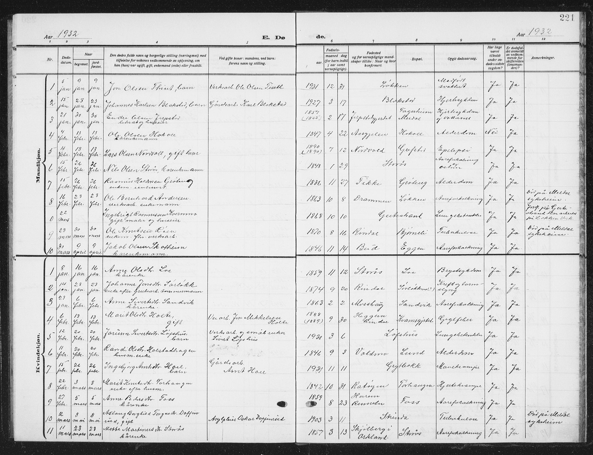 Ministerialprotokoller, klokkerbøker og fødselsregistre - Sør-Trøndelag, AV/SAT-A-1456/672/L0866: Parish register (copy) no. 672C05, 1929-1939, p. 221