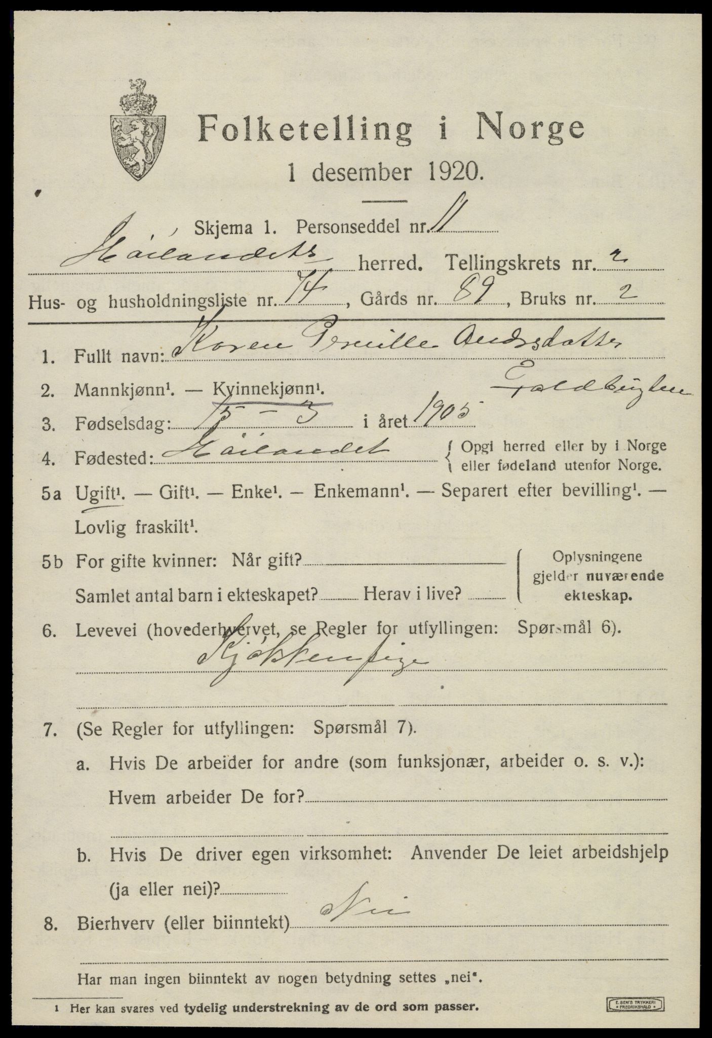 SAT, 1920 census for Høylandet, 1920, p. 1596