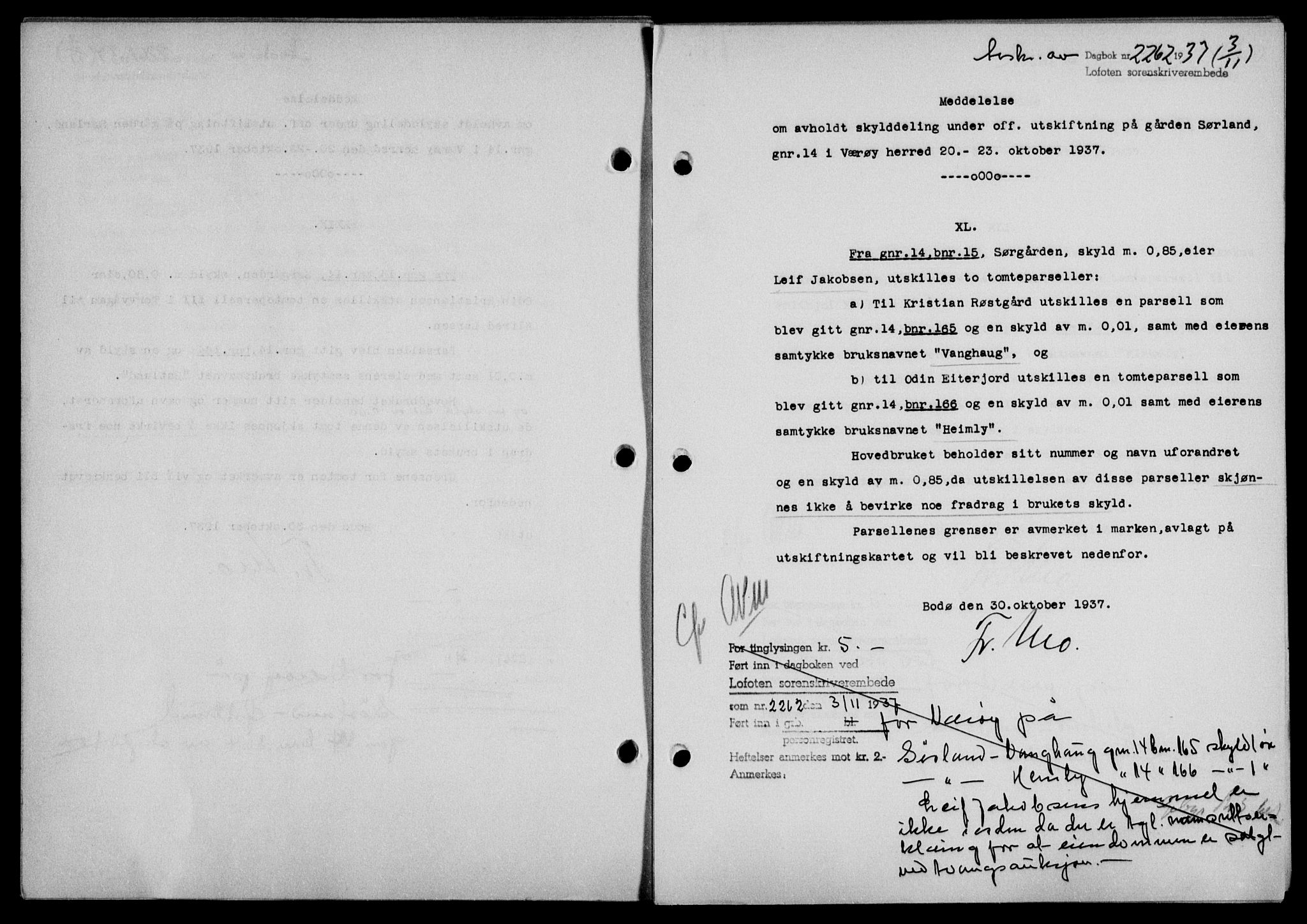 Lofoten sorenskriveri, SAT/A-0017/1/2/2C/L0003a: Mortgage book no. 3a, 1937-1938, Diary no: : 2262/1937