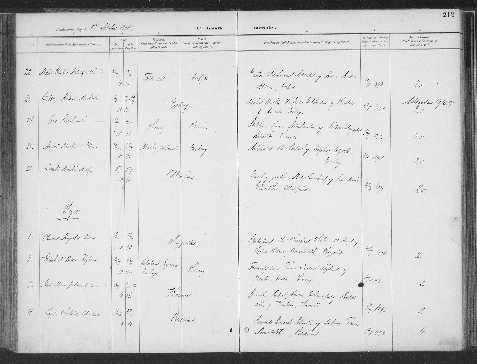 Høvåg sokneprestkontor, AV/SAK-1111-0025/F/Fa/L0006: Parish register (official) no. A 6, 1894-1923, p. 212