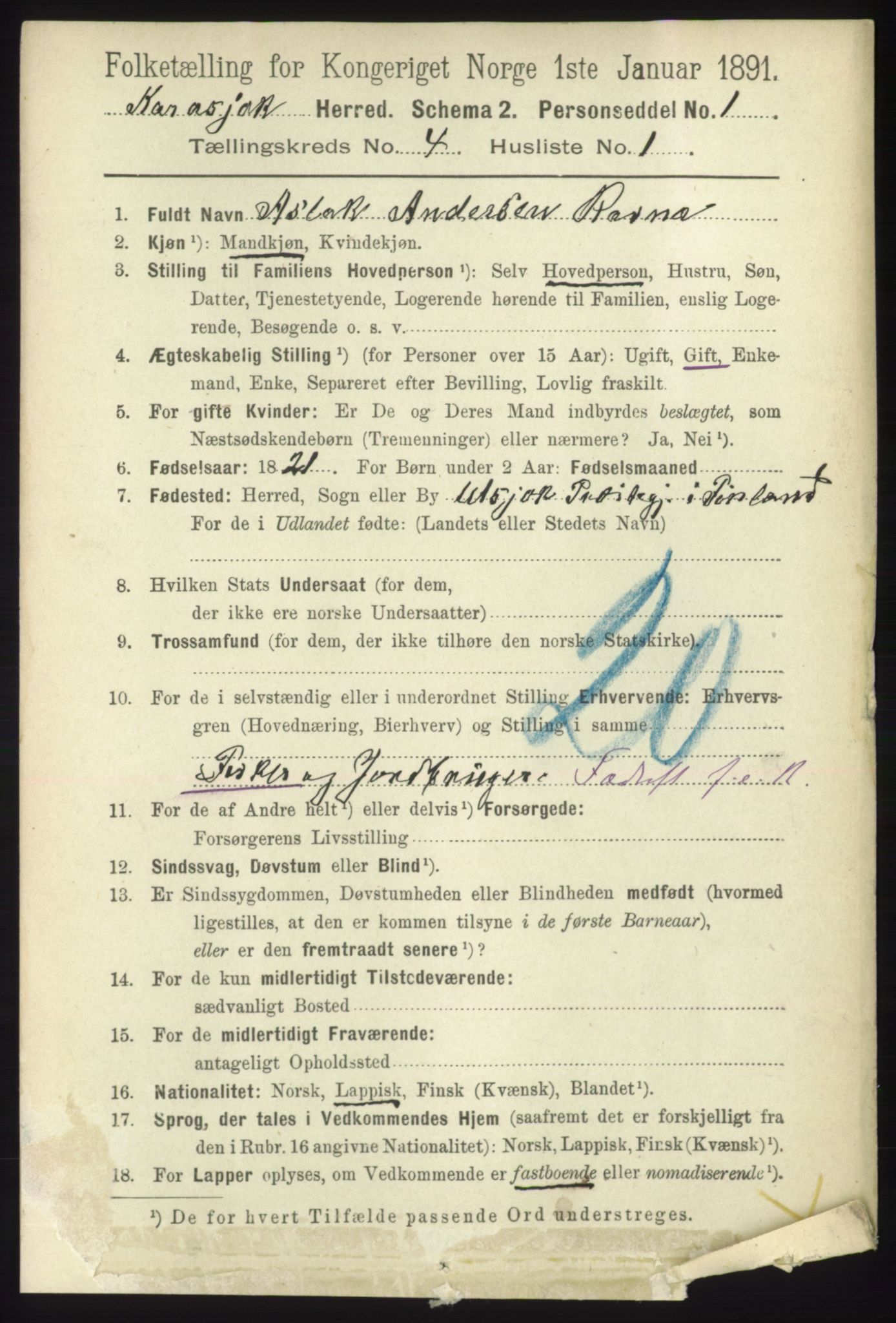 RA, 1891 census for 2021 Karasjok, 1891, p. 693