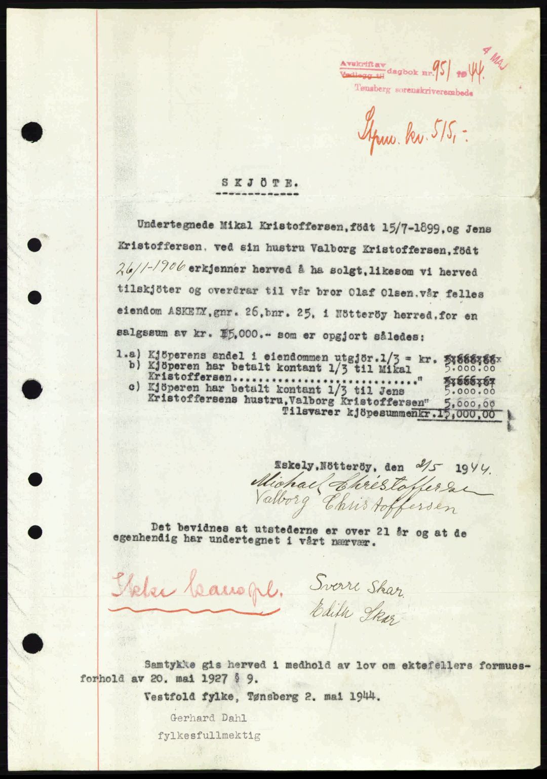 Tønsberg sorenskriveri, AV/SAKO-A-130/G/Ga/Gaa/L0015: Mortgage book no. A15, 1944-1944, Diary no: : 951/1944