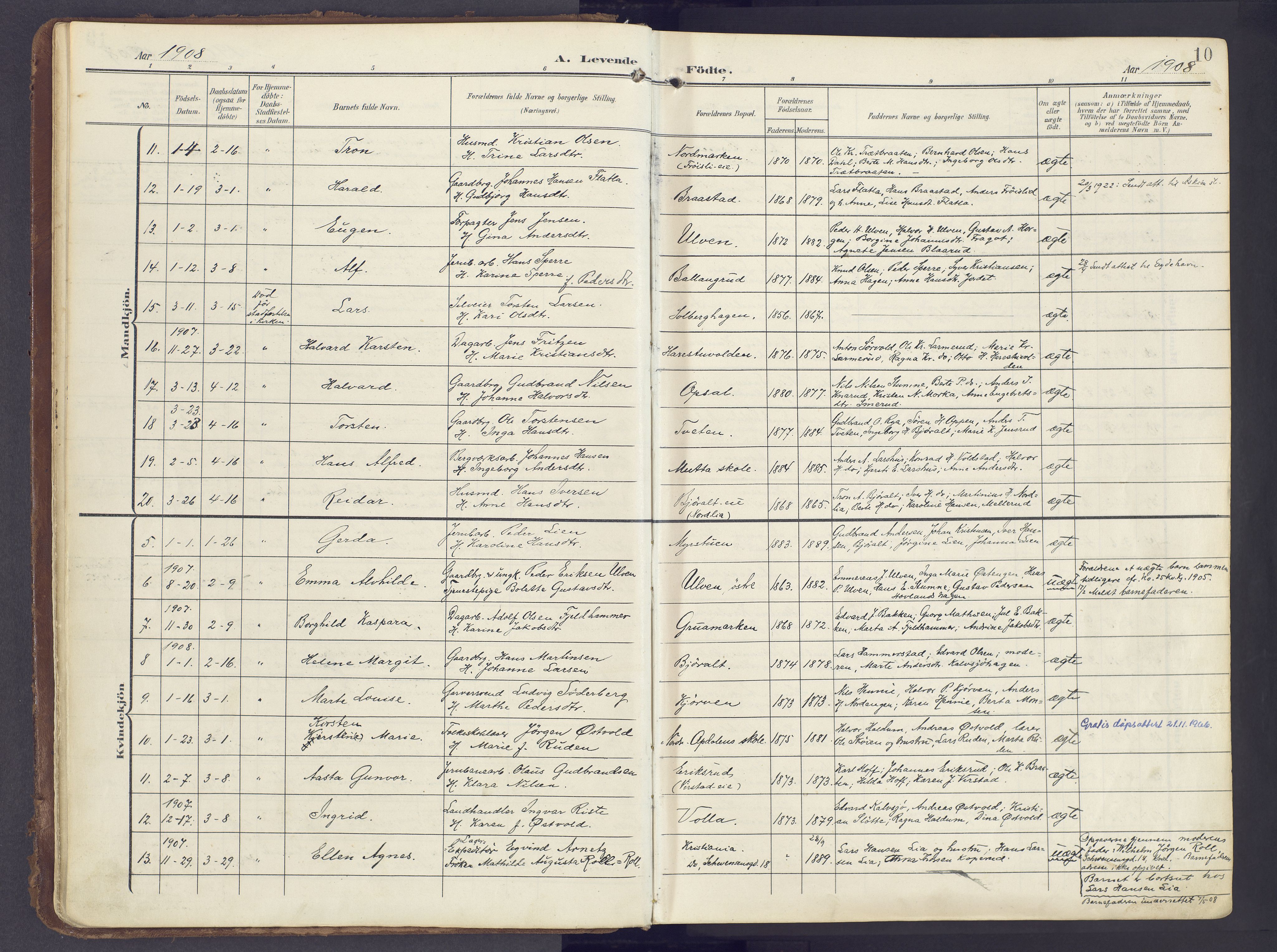 Lunner prestekontor, AV/SAH-PREST-118/H/Ha/Haa/L0001: Parish register (official) no. 1, 1907-1922, p. 10